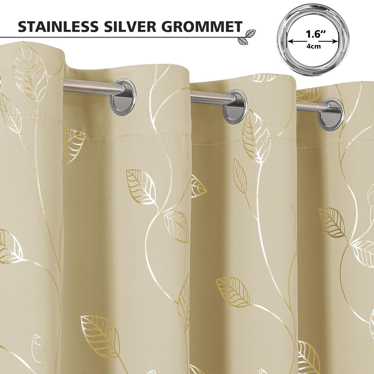 BUHUA Heat Blocking Curtains, Black Out Curtains 63 Inch Long 2 Panels Burg, Soundproof Curtains with Gold Leaf Printed (52 x 63 Inch, Beige, Set of 2 Panels)