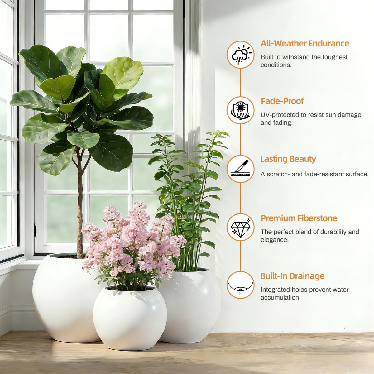 13.5 H x 17" Dia (12" Pot Opening) Round Fiberstone Planter with Drainage Hole, Durable Garden Flower Pots, White, Resistant for Indoor and Outdoor, Planters for Large Plants pot for Home Decor Patio