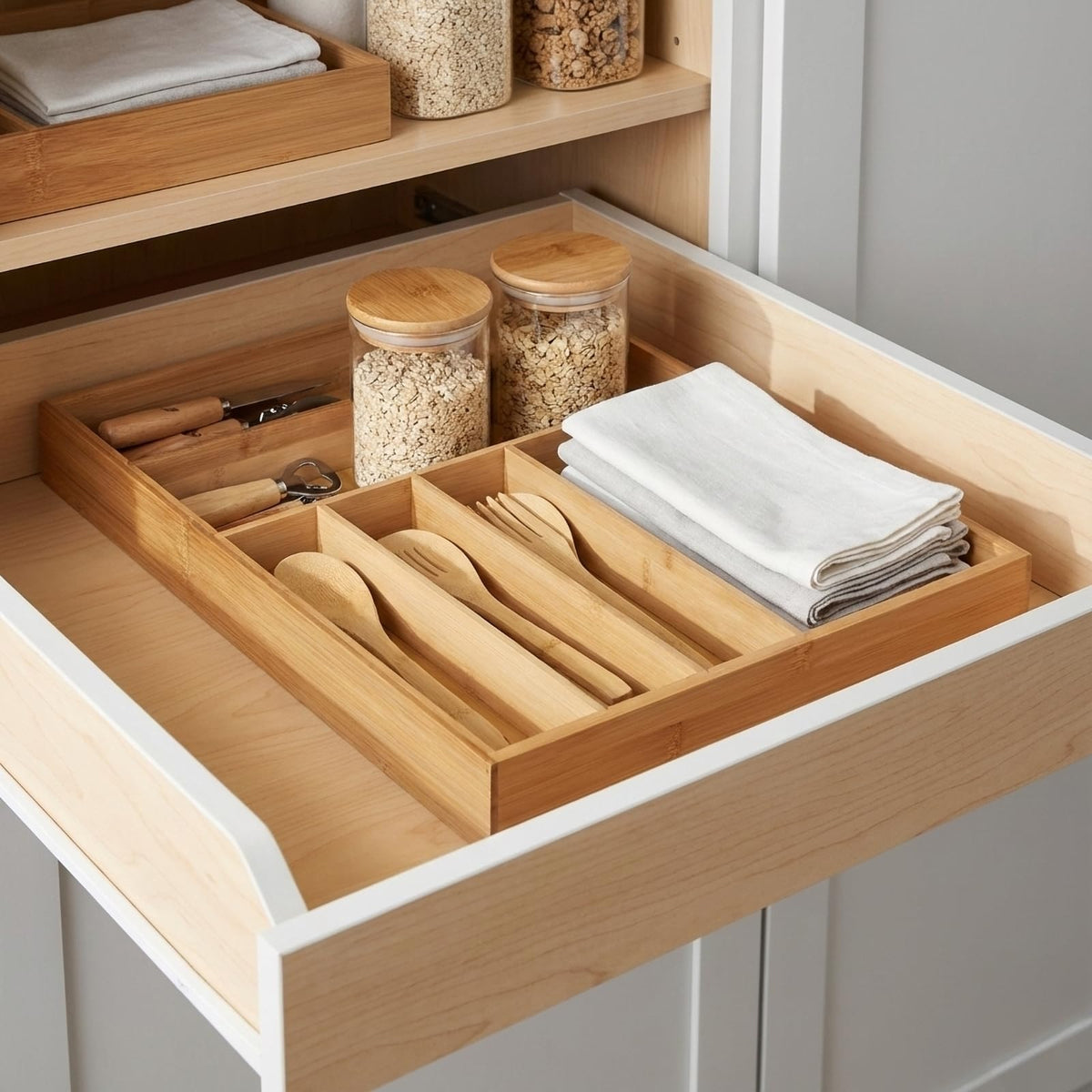 JIMMY LUCKY Wooden Silverware Organizer for Drawer, Bamboo Utensil Drawer Organizers, Kitchen Utensil Organizer Tray with 7 Storage Compartments, Flatware Organizers for Cutlery Flatware
