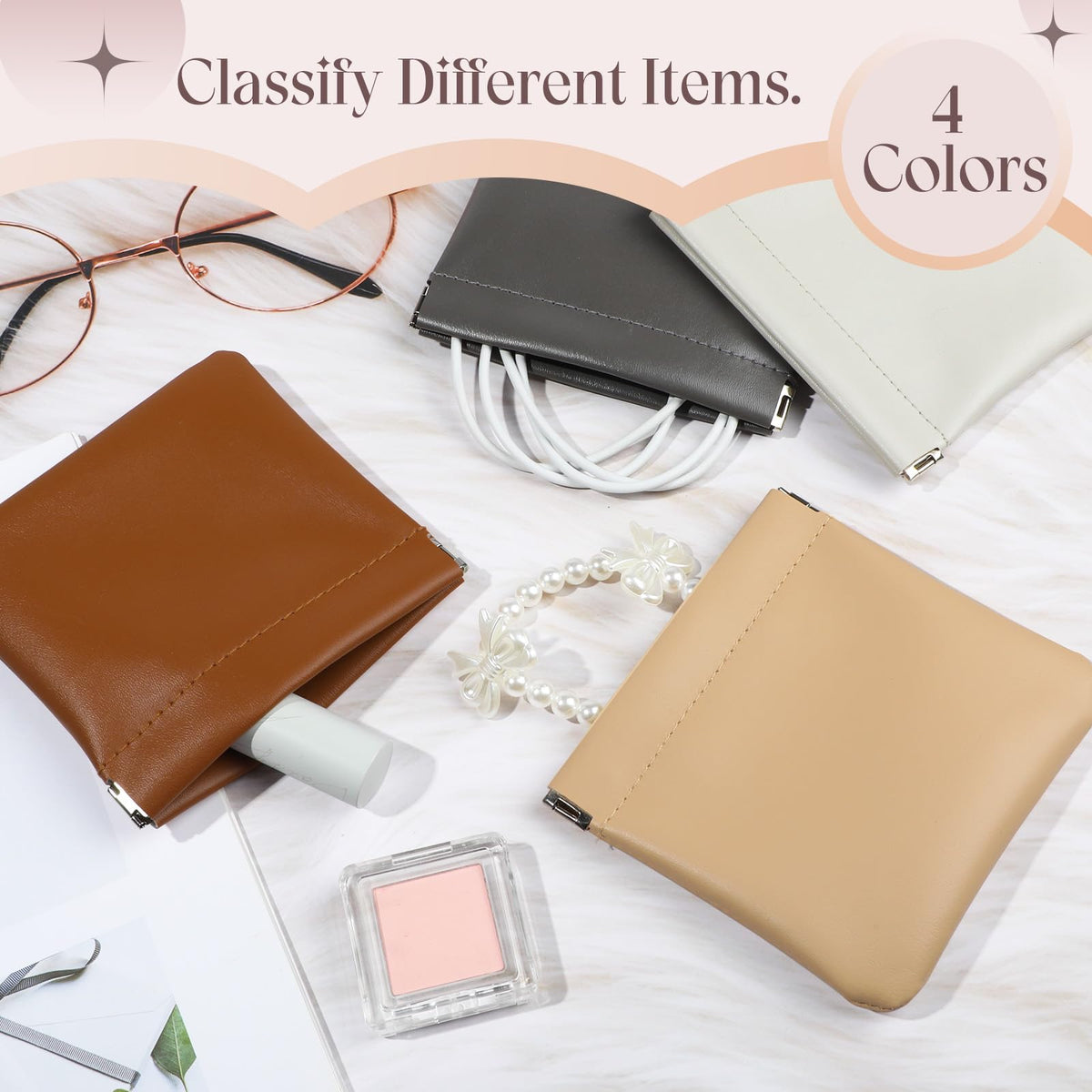 ISKYBOB 4.7in Small Makeup Bag for Purse, 4Pcs Pocket Leather Cosmetic Bag Small Squeeze Coin Purse for Women Snap Closure Pouches for Purse Organizer Pouchic for Travel Jewelry Storage (Business)