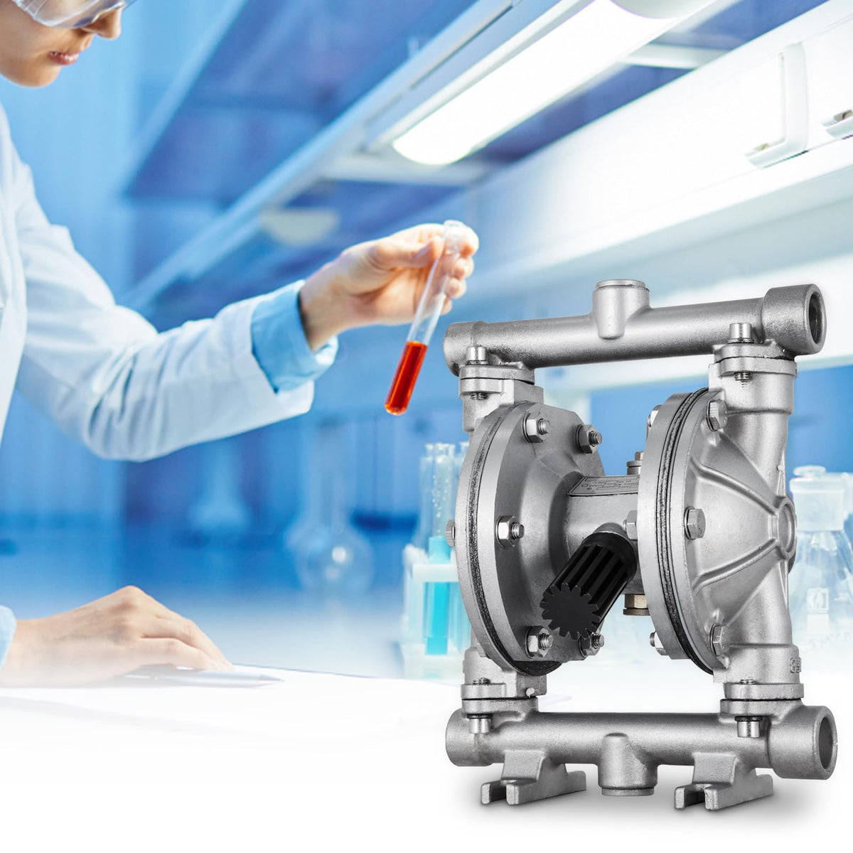 VEVOR Air-Operated Double Diaphragm Pump, 1/2 in Inlet & Outlet, Stainless Steel Body, 8.8 GPM & Max 120PSI, PTFE Diaphragm Pneumatic Transfer Pump for Petroleum, Diesel, Oil & Low Viscosity Fluids