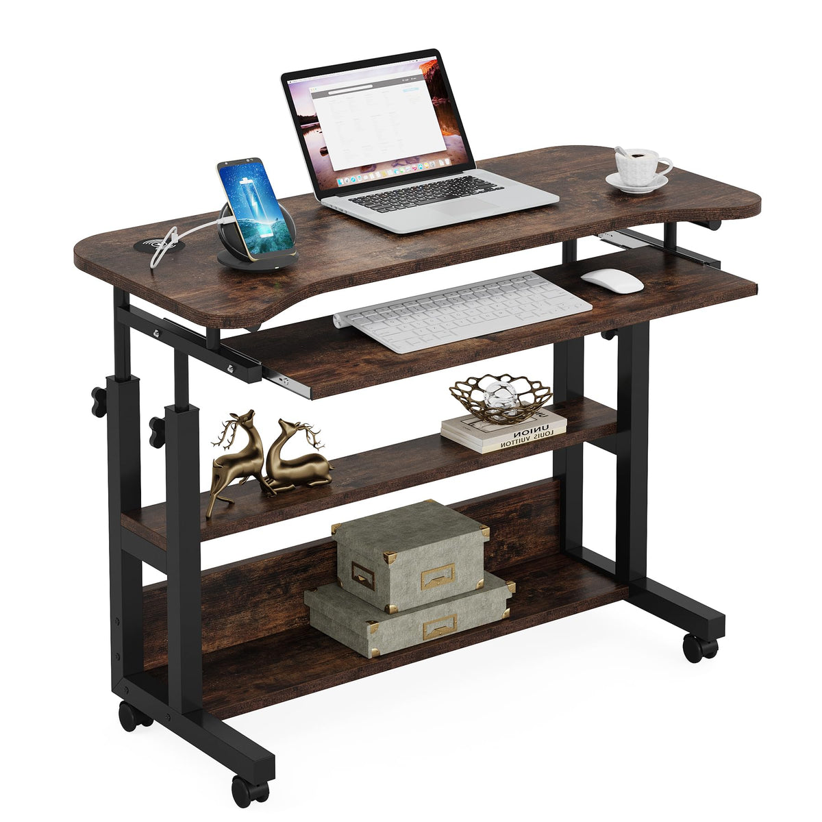 Tribesigns Portable Desk with Power Outlets, Height Adjustable Side Table Sofa Couch Bedside Laptop Computer Cart with USB Charging Ports, Mobile Small Standing Desk with Keyboard Tray