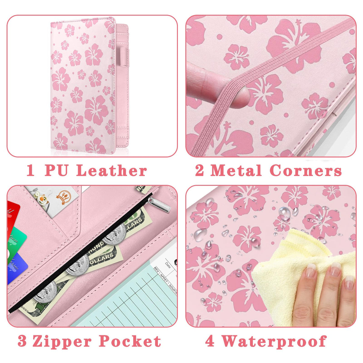 YeeCASE Pink Server Book, Fits Waitress Server Apron, Receipt Holder, Guest Book Perfectly,Waitress Server Accessories, Compact Organizer with Zipper Pocket (Hibiscus)