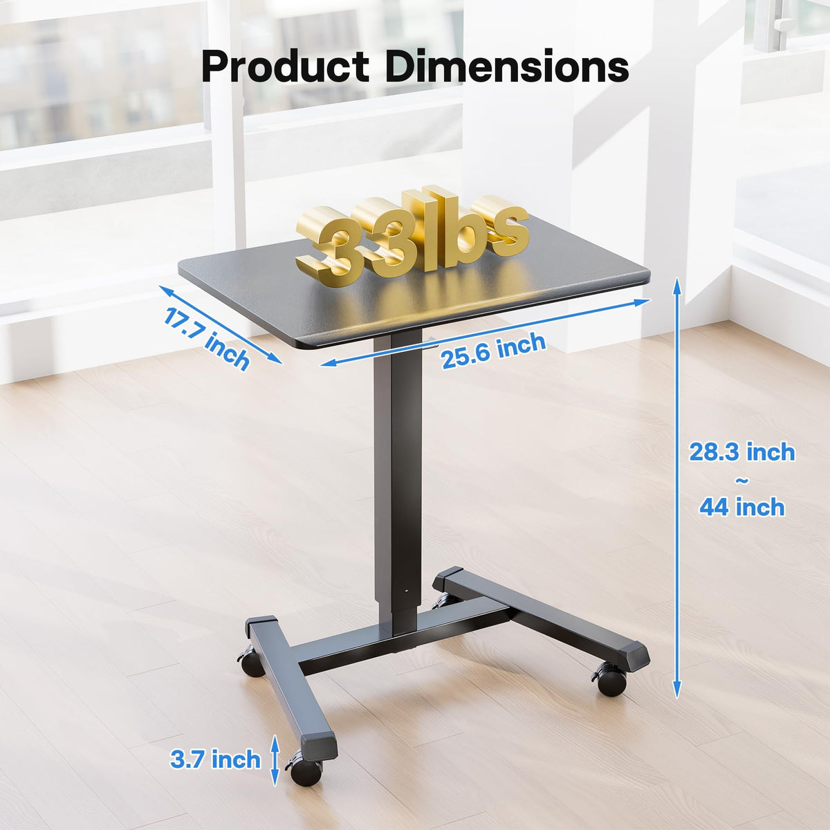 BONTEC Mobile Standing Desk Adjustable Height, Rolling Laptop Cart with Hook, Portable Workstation with Pneumatic Lift, Ergonomic Table with Wheels, Compact Home Office Desk, Black 25.6" x 17.7"