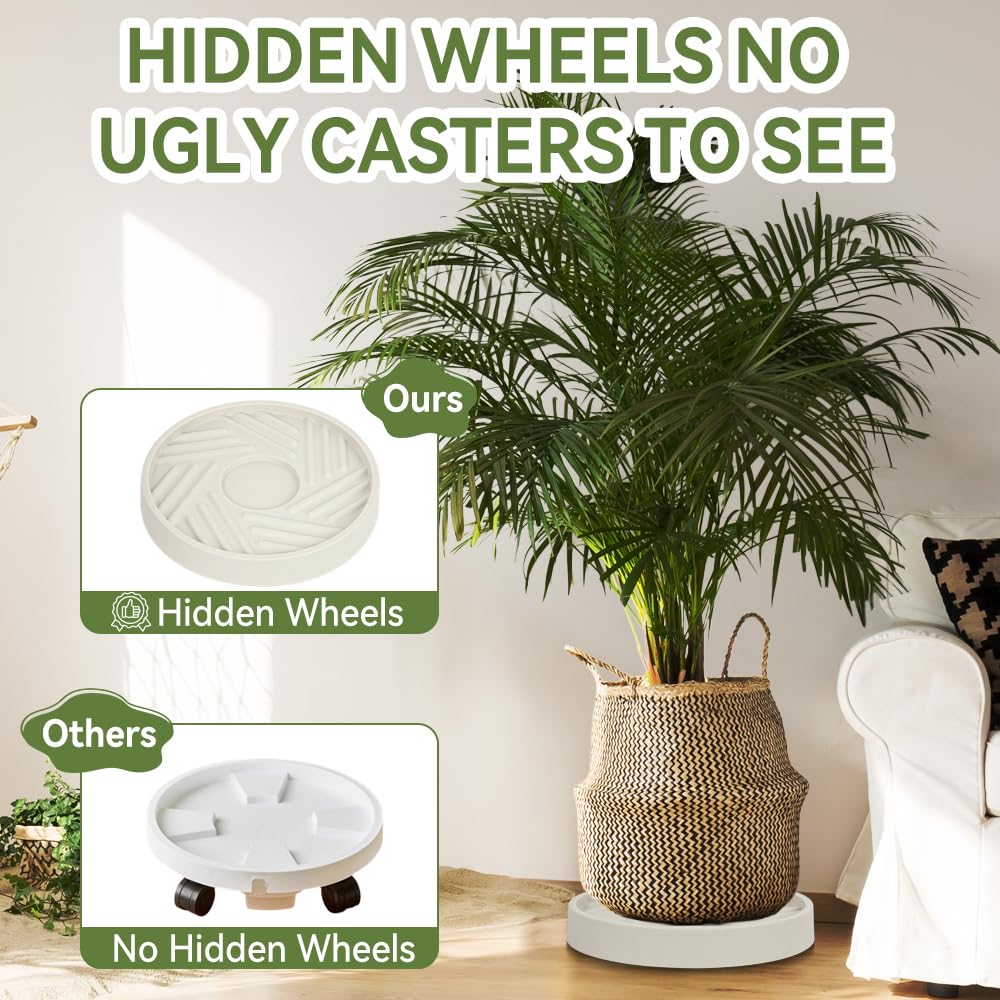 UoeRing 2 Pcs Plant Caddy with Hidden Wheels 11 Inch Heavy Duty Rolling Plant Stand, Indoor Outdoor Plant Saucer Tray with $9.9 Garden Tools (Beige)
