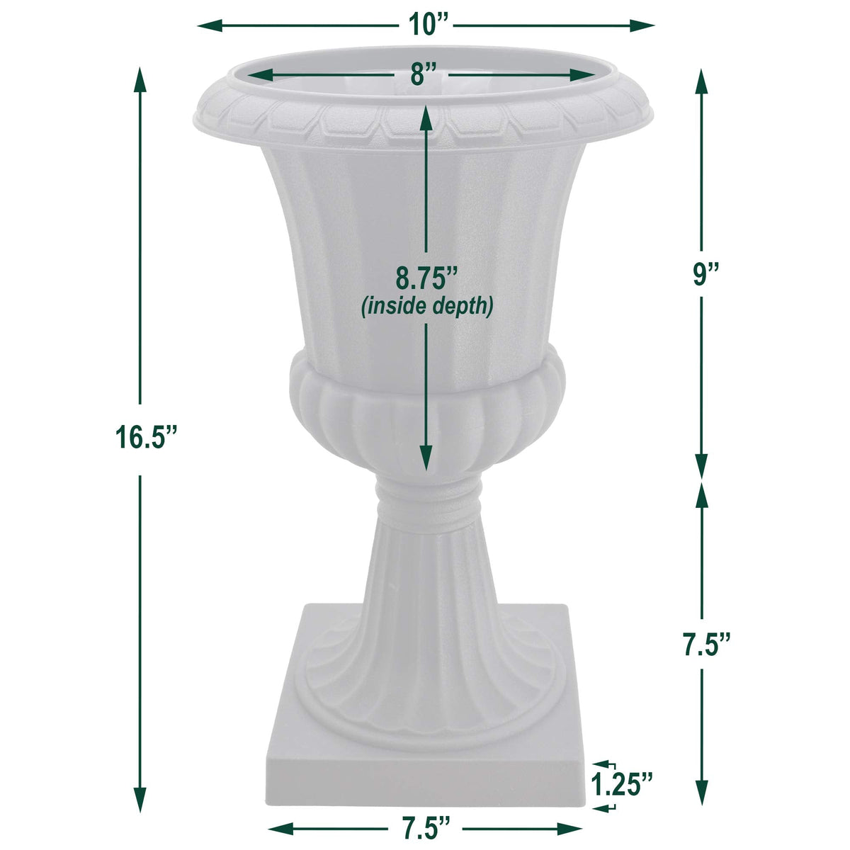 Arcadia Garden Products Plastic Garden Pedestal Urn, Set of 2 Classic Decorative Garden Pot Planter for Indoor and Outdoor Plants, 10” x 17”, White