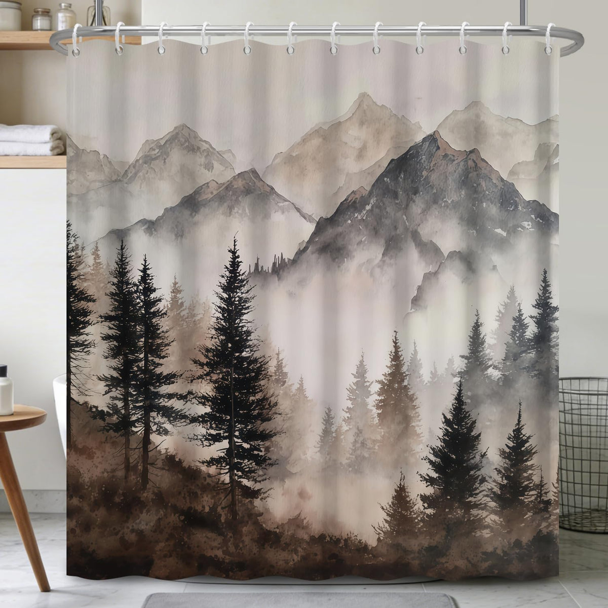 Xiazhilaio Mountain Mist Forest Shower Curtain with Rings – 71x74 Inch Waterproof Fabric Bath Curtain with Hooks, Nature Landscape Scenic Bathroom Curtain for Rustic Cabin Style Home Accent