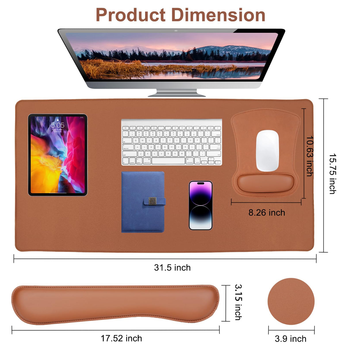 MOSISO Keyboard Mouse Pad Set, PU Leather Large Gaming Mousepad&Keyboard Wrist Rest&Mouse Wrist Rest&Coaster, Ergonomic Non-Slip Mousepad&Easy Typing Cushion with Memory Foam for Home Office, Brown
