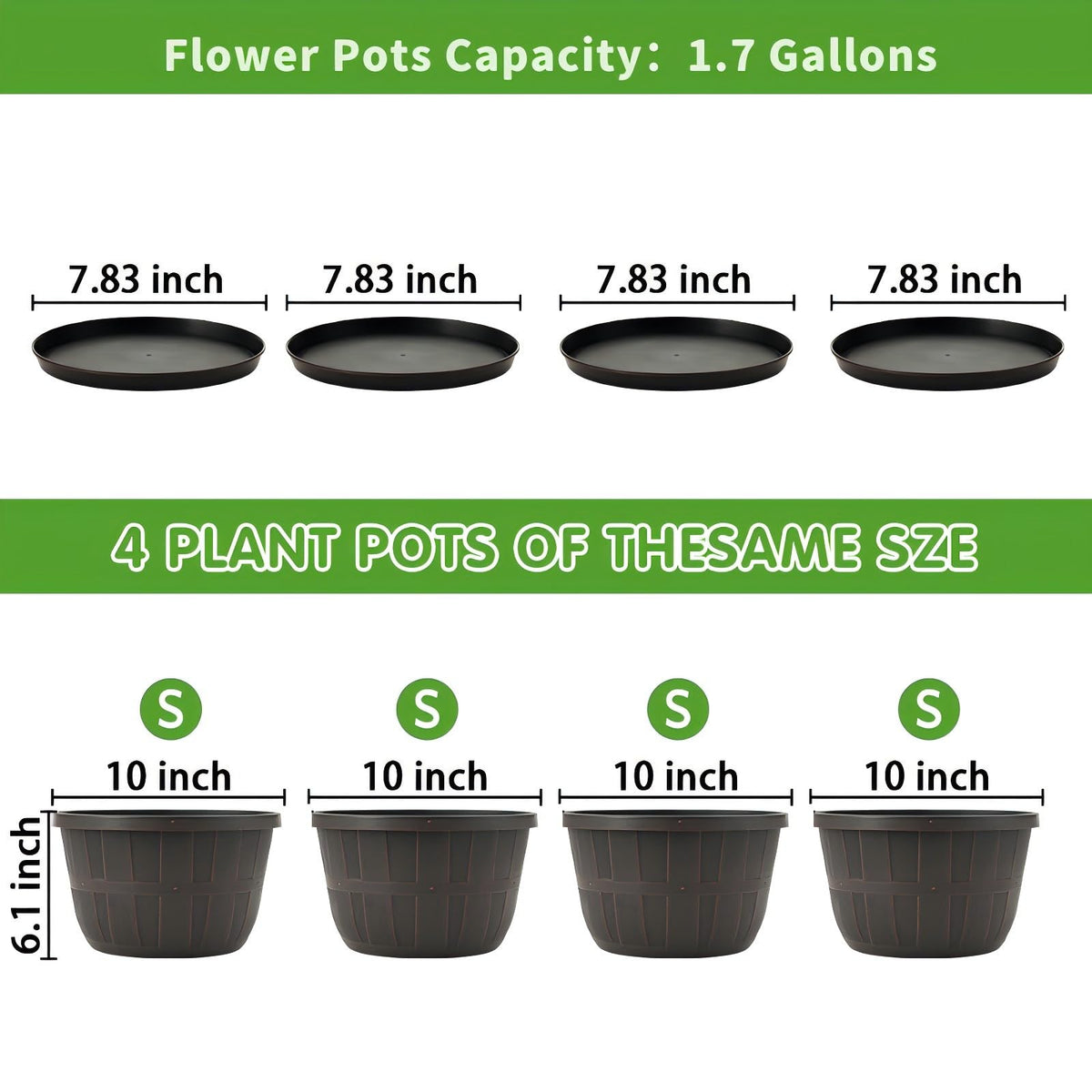 Quarut 4 Pack 10 inch Pots for Plants and 4 Pack 12 inch Flower Pots with Drainage Holes and Saucer for Outdoor Indoor Plants.