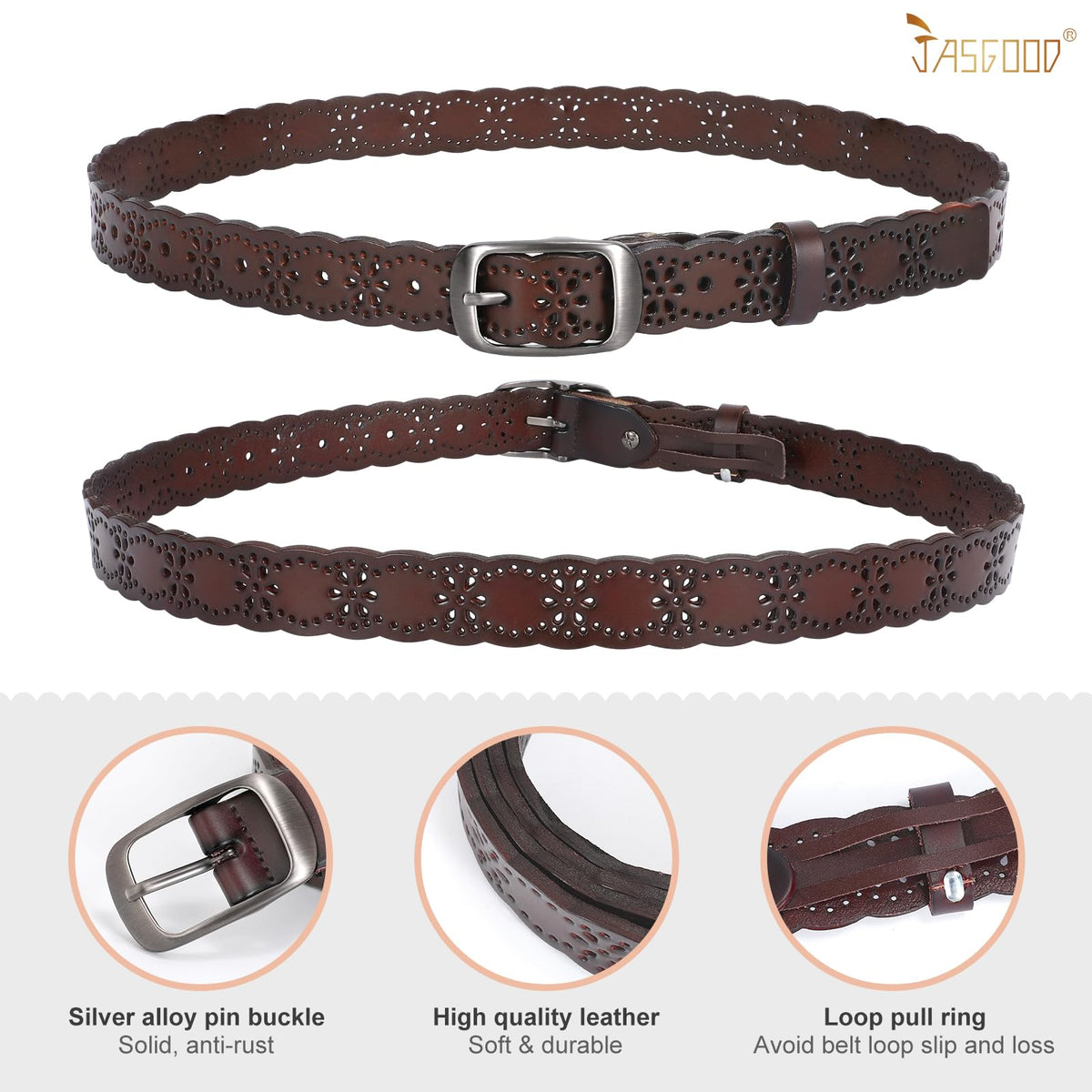 JASGOOD Women Hollow Flower Leather Belt for Jeans Pants Soft Leather Belt with Solid Pin Buckle(Coffee, Fit Waist Size 29-32 Inches)