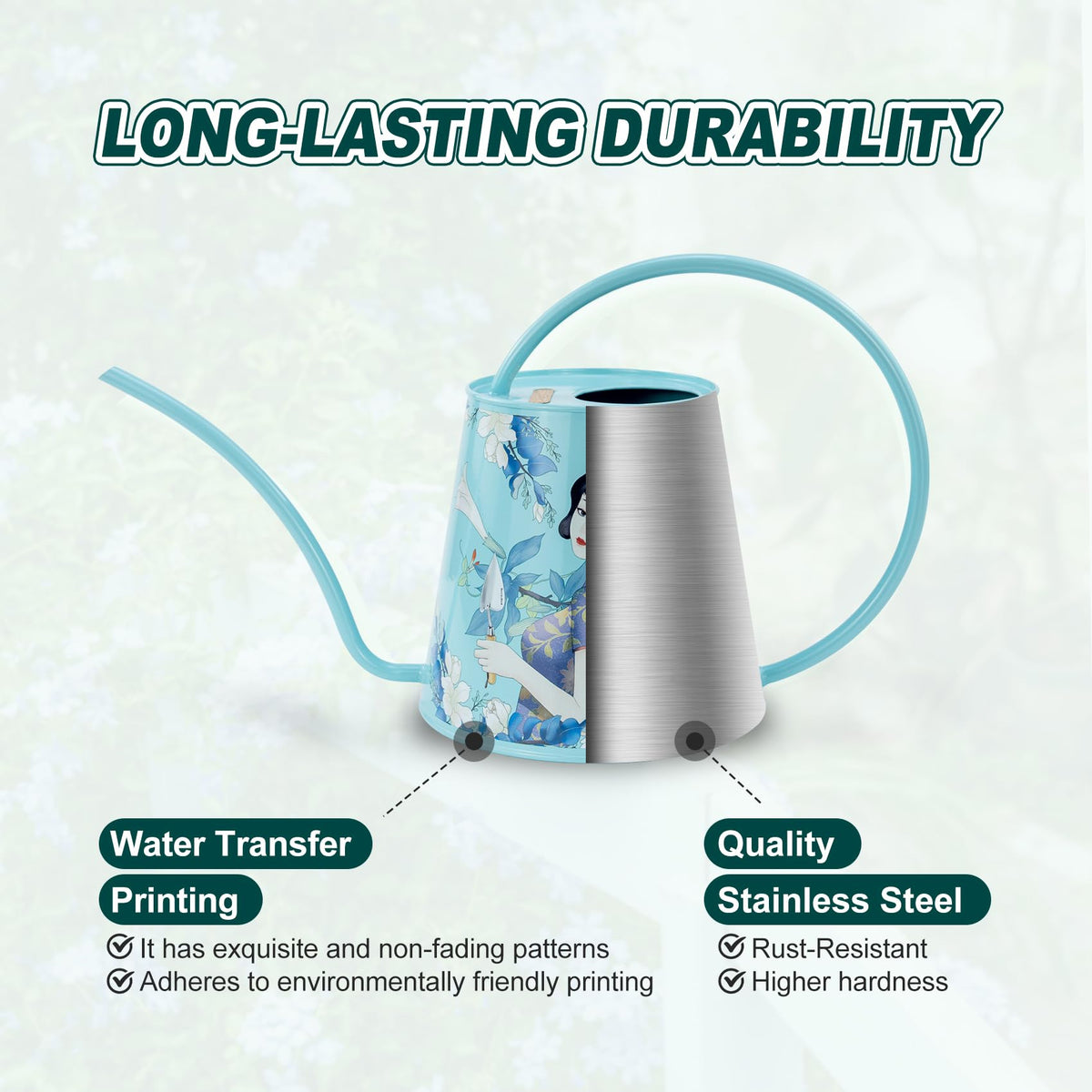 Berry&Bird House Plants Watering Can - Indoor & Outdoor 1/2 Gallon Stainless Steel Water Can with Long Spout Garden Decoration for Flower Bonsai Succulent Gardening Large Water Bottle (2L, Magnolia)