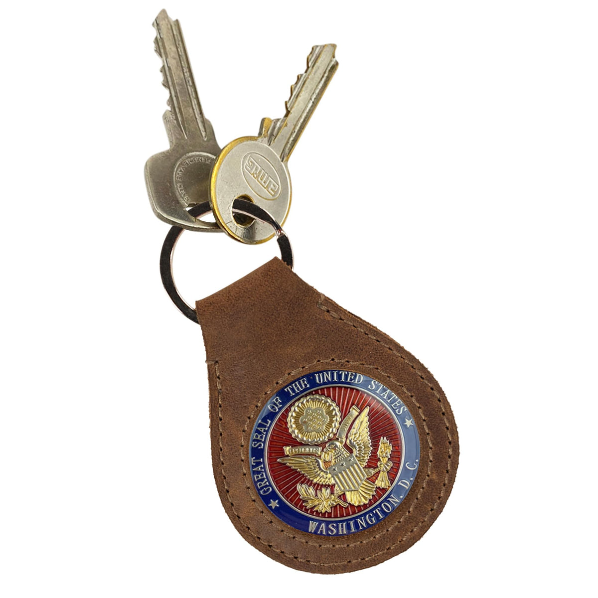 Hide & Drink, Medallion Holder Keychain, Secure Keyring Attachment for Storing Memorabilia, Keepsakes, Special Coins, Full Grain Leather, Handmade, Bourbon Brown