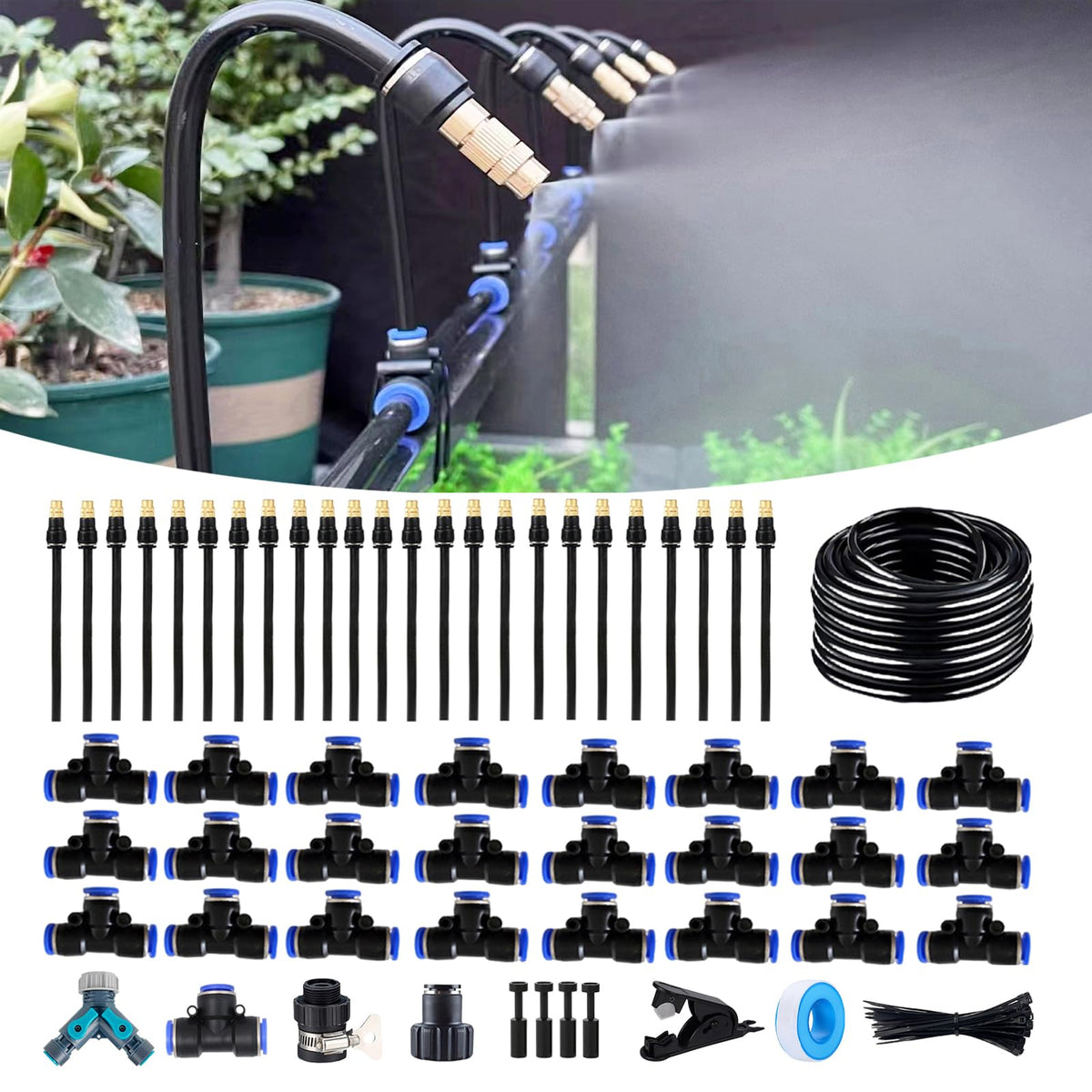 100FT Drip Irrigation Kit, Automatic Garden Watering System with Tool-Free Quick Connectors, 360° Bending Drippers & Copper Misting Nozzles for Greenhouse, Patio, Lawn & Vegetable Garden. (30M)