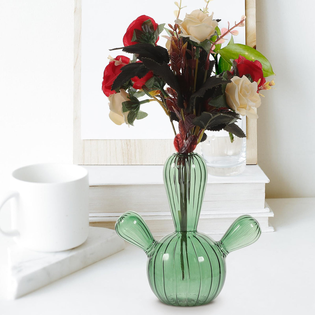 Alasum Glass Cactus Vase Small Hydroponic Plant Vase Green Glass Decorative Terrarium Jar for Tabletop Home Décor and Reed Diffuser Centerpiece