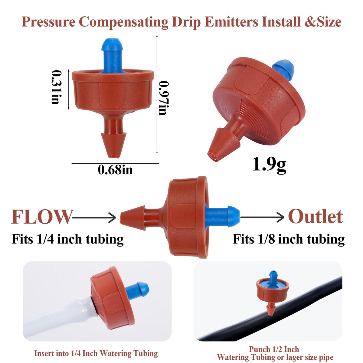 200Pcs 0.5 GPH Pressure Compensating Irrigation Spot Drippers,Constant Flow Barb Outlet Watering Dripper Emitters Heads Parts for 1/4 Inch Watering Tubing Line for Garden Pots Plant Irrigation Systems