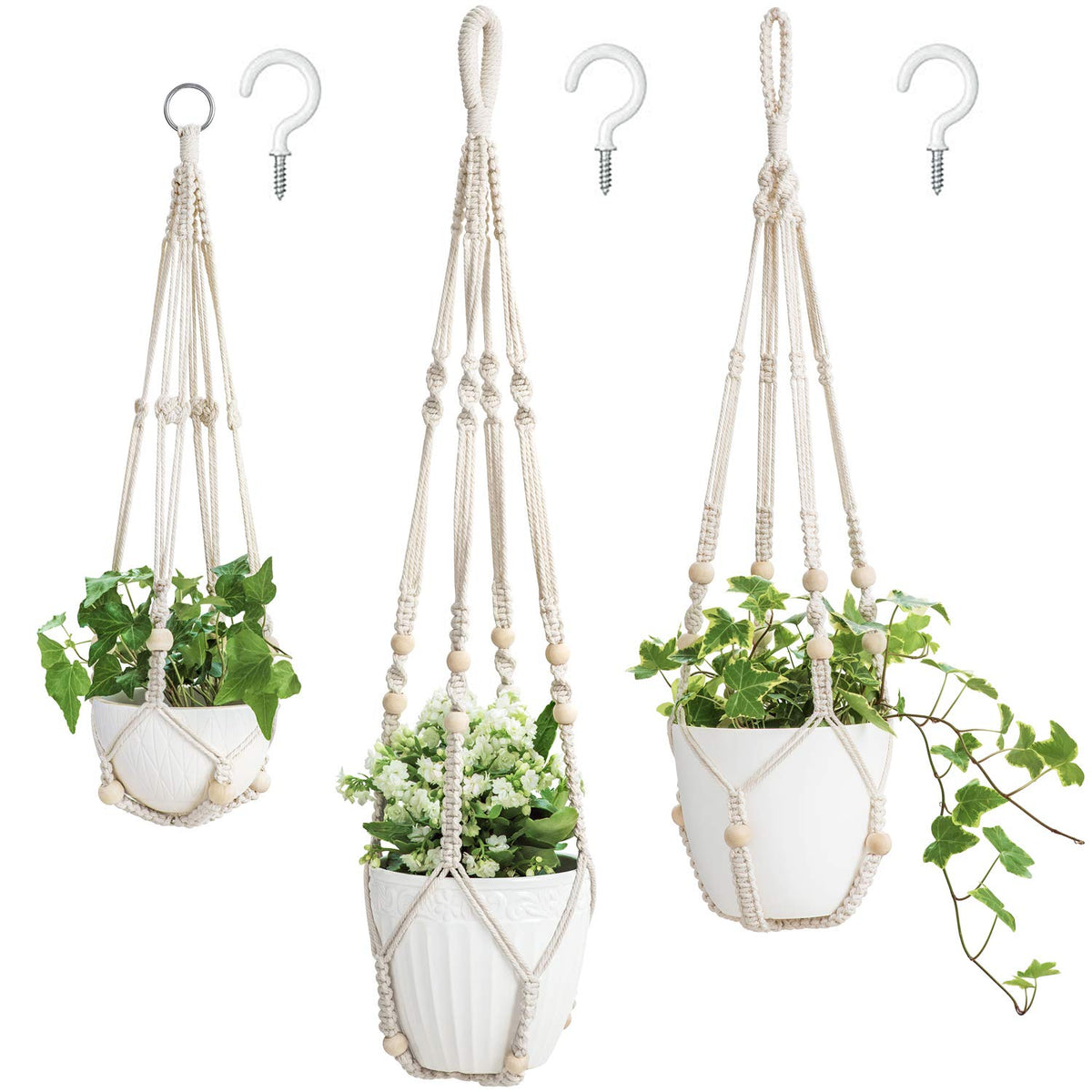 Mkono 3 Pack Macrame Plant Hangers Indoor Different Size Hanging Planter Basket Flower Pot Holder with Beads No Tassels 35"/29"/23", Medium, Ivory