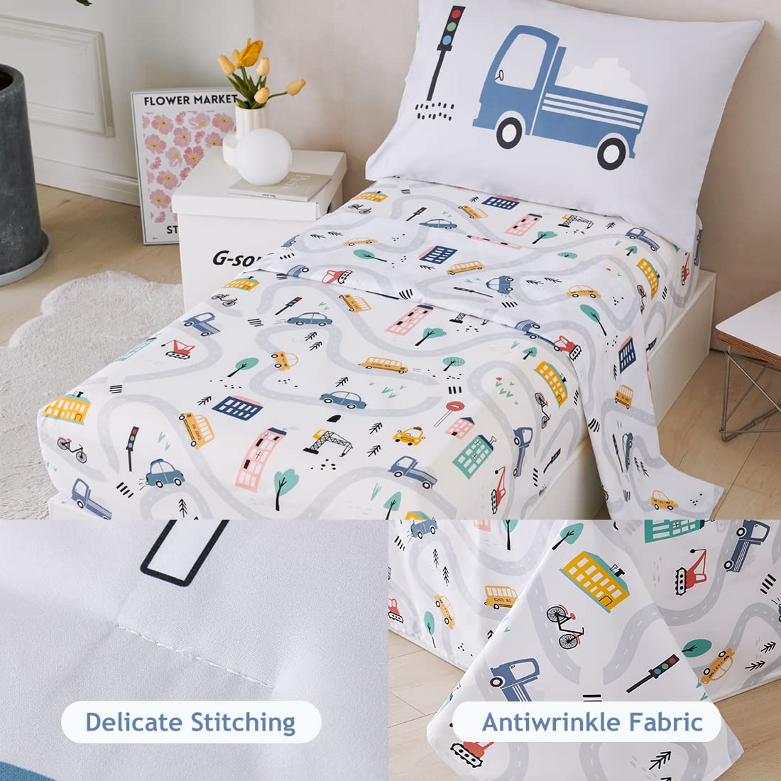 PERFEMET 4 Pcs Toddler Bedding Set - Soft Reversible Cars, Bus, Trucks Print Toddler Bed Set for Boys & Girls - Matching Sheet Set (Light Grey, Taxis/Bus/Trucks)