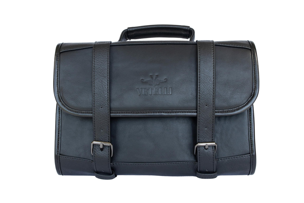 Vetelli Leather Toiletry Bag for Men - Water Resistant, 2 Zippered Internal Pockets, 2 Snap-Fastened Internal Pockets, and Hanging Hook. (Black)