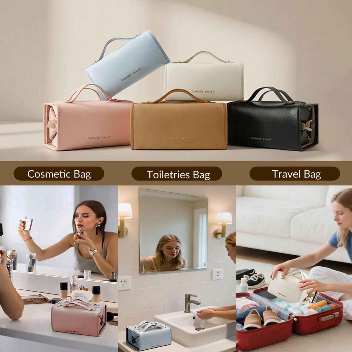 YDR Travel Makeup Bag,Capacity Cosmetic Bag for Women Portable Pouch Case Toiletry Bag 4-in-1 Roll-Up Makeup Bag Storage Organizer With 4 Detachable Removable