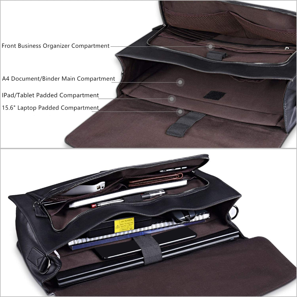 ESTARER Men's Leather Briefcase 15.6 Inch Laptop Computer Bag for Office/Business/Travel, Large Satchel Professional Pu Leather Messenger Shoulder Bag, Black