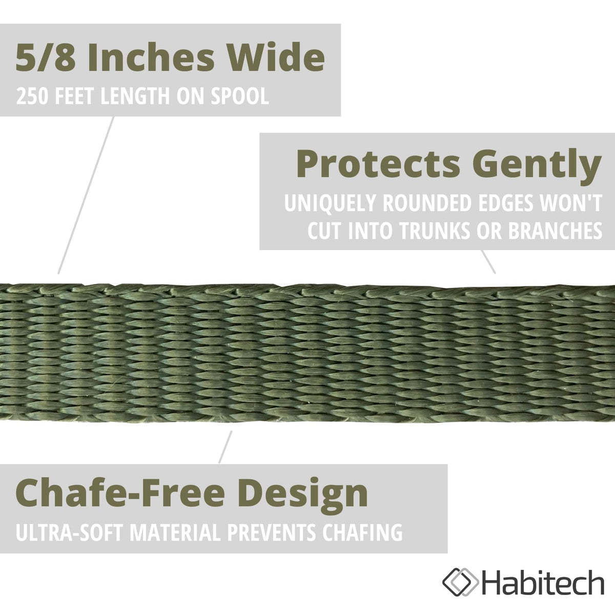 Habitech 250' Tree Tie Strap Staking and Guying Material - Made in USA - 1,800 Lbs Strength, Olive Green
