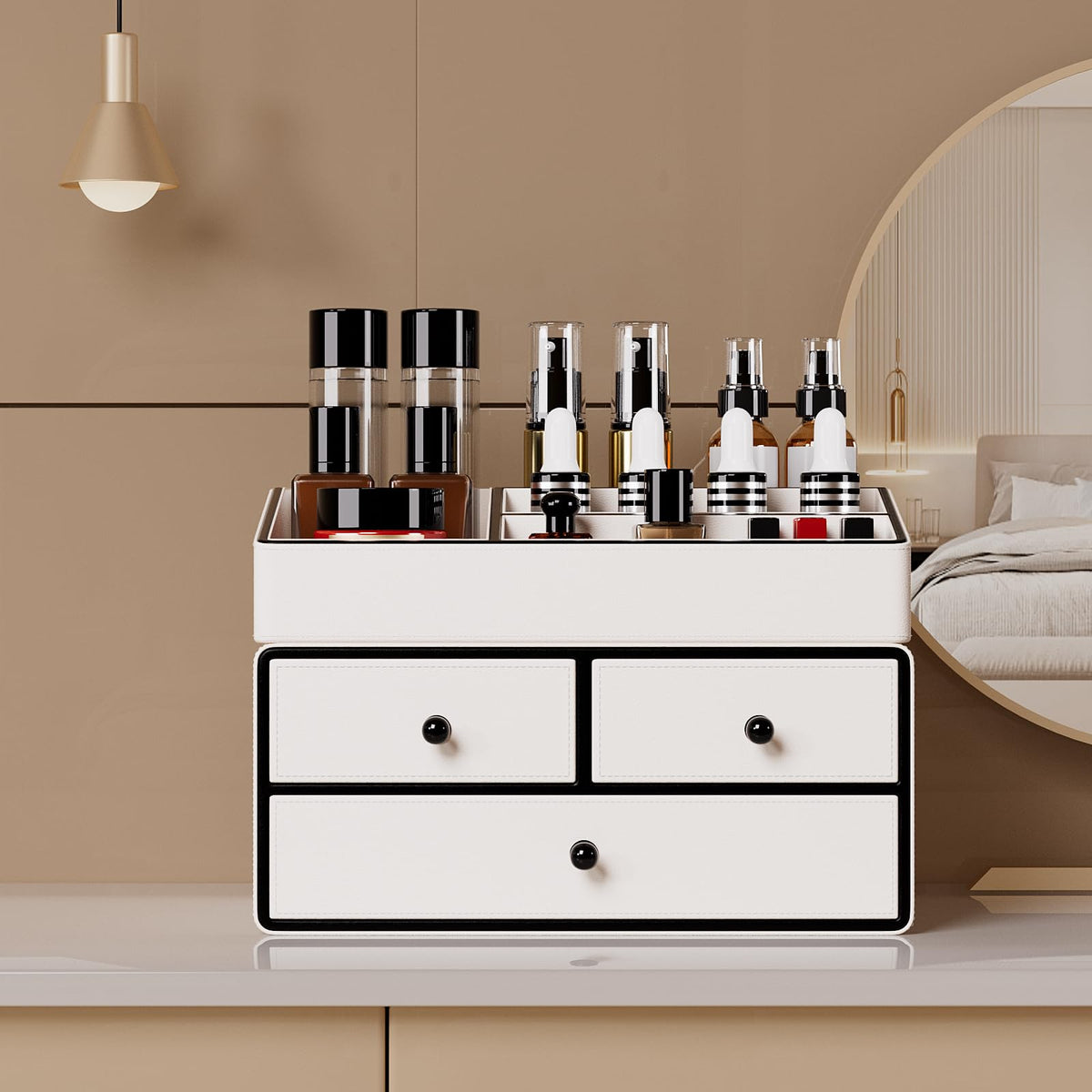GORESE Leather Makeup Organizer with Drawers for Vanity, Stackable Skincare Holder Dresser Organizer Countertop, Make Up Storage Organizers Counter Cosmetic Display Case Gifts for Women(Cream White)