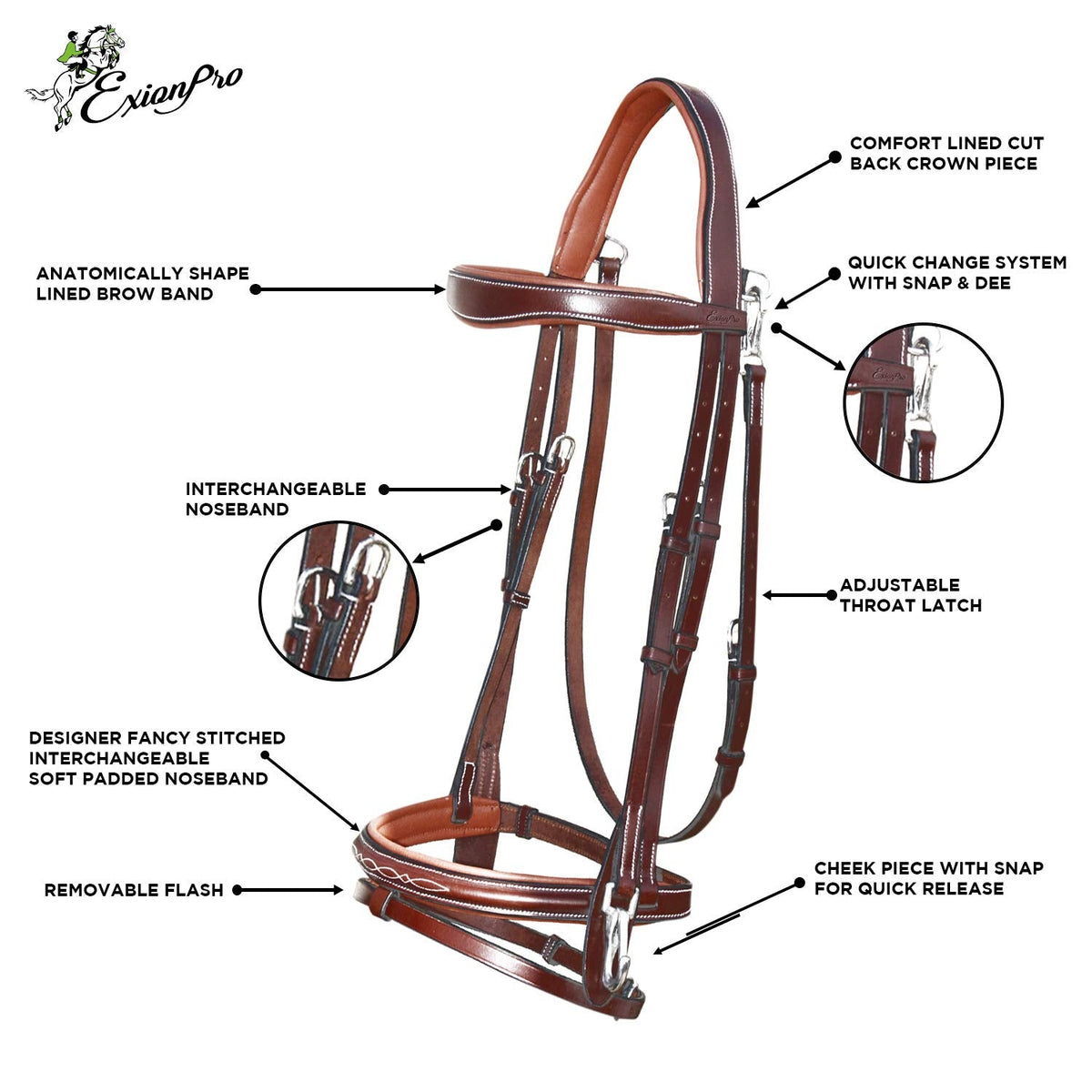 Exion Quick Change Snap English Bridle with Brass Hardware – Soft Lined Anatomical Horse Bridle with Rubber Reins – Snap-On Crown & Cheekpiece – Gold Tone Buckles – Padded Jumping Tack Set