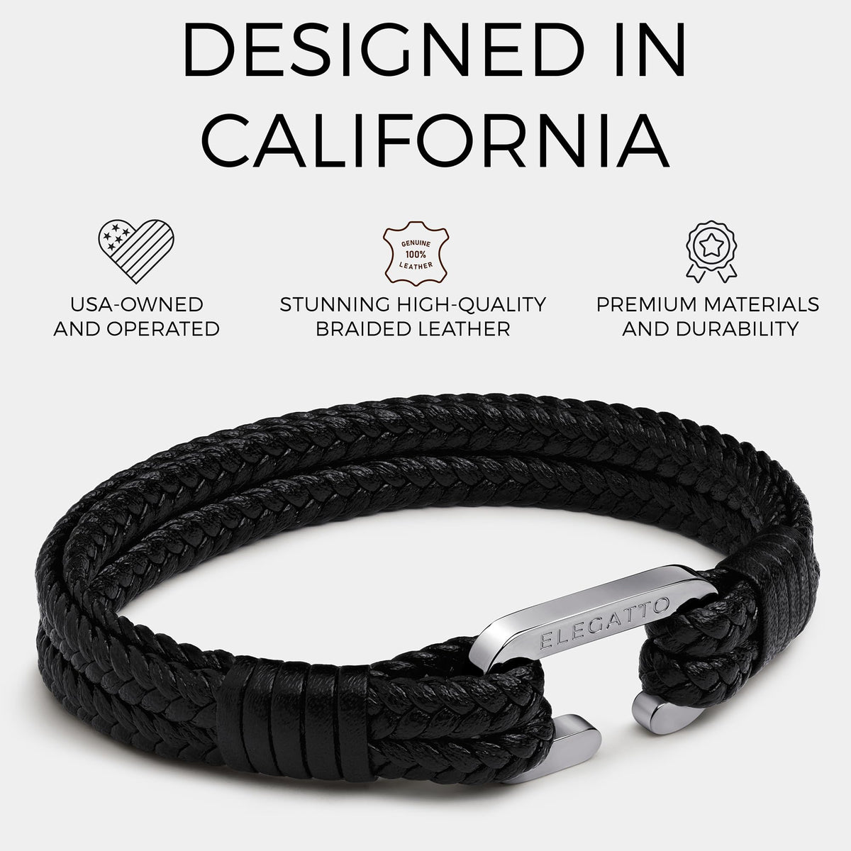 Elegatto Meraki Premium Double Braided Leather Bracelet for Men | Full-Grain Leather with Silver Polished Stainless Steel C-Clasp | Men’s Designer Bracelets
