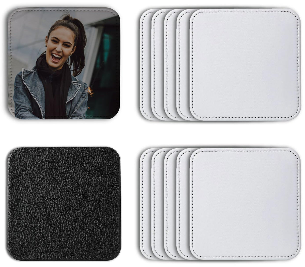 10 Pcs Leather Sublimation Coasters Blanks Bulk with Sewn Edge, 4x4 Inch Thin Sublimation Blank Cup Mat Heat Transfer Press DIY Crafts (Square (10 pcs 4x4 Inch))