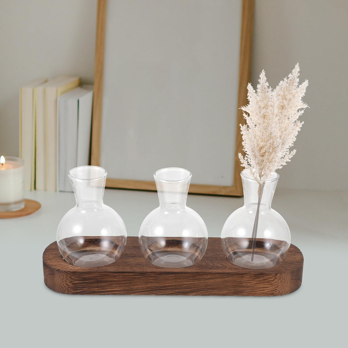PRETYZOOM Glass Plant Vase Set with Wooden Base, Hydroponic Terrarium for Office and Living Room Decor, 3pcs Tabletop Flower Arrangement Vessels
