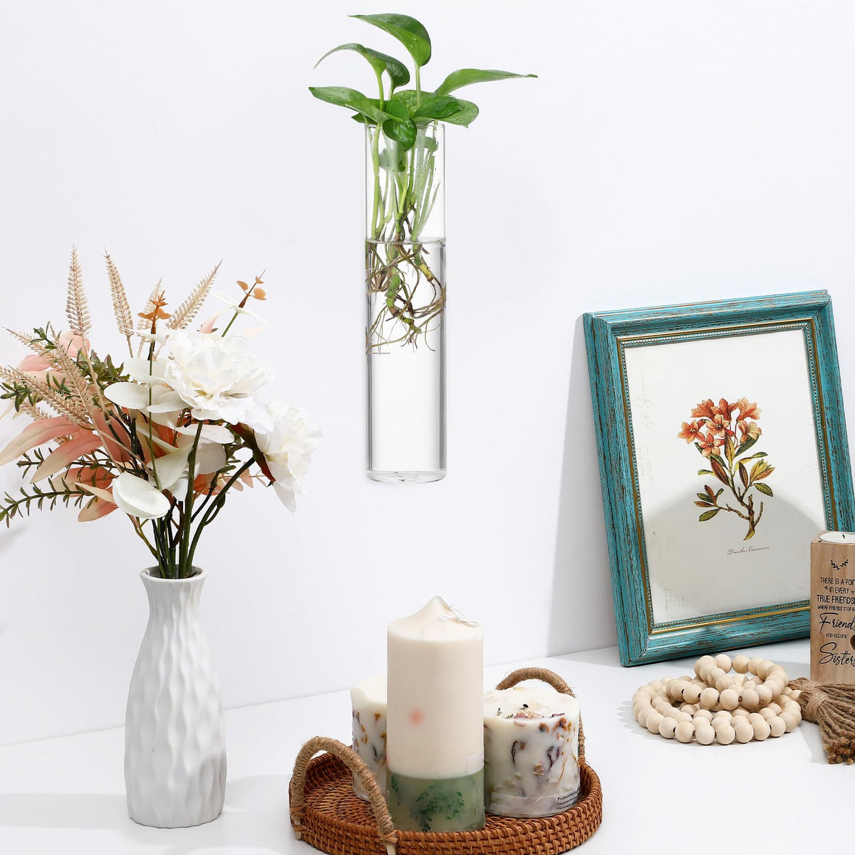 Balacoo Wall Hanging Glass Cylinder Vases for Plant Propagation, Hydroponic Holders, 2pcs Large Tube Glass Terrarium Holders for Home and Office Décor