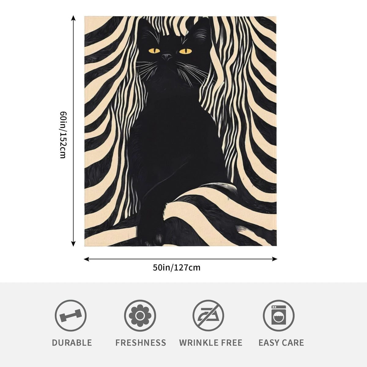 Black Cat Striped Flannel Throw Blanket Soft Cozy Retro Blanket for Living Room Couch Sofa Bed 50 x 60 Inches
