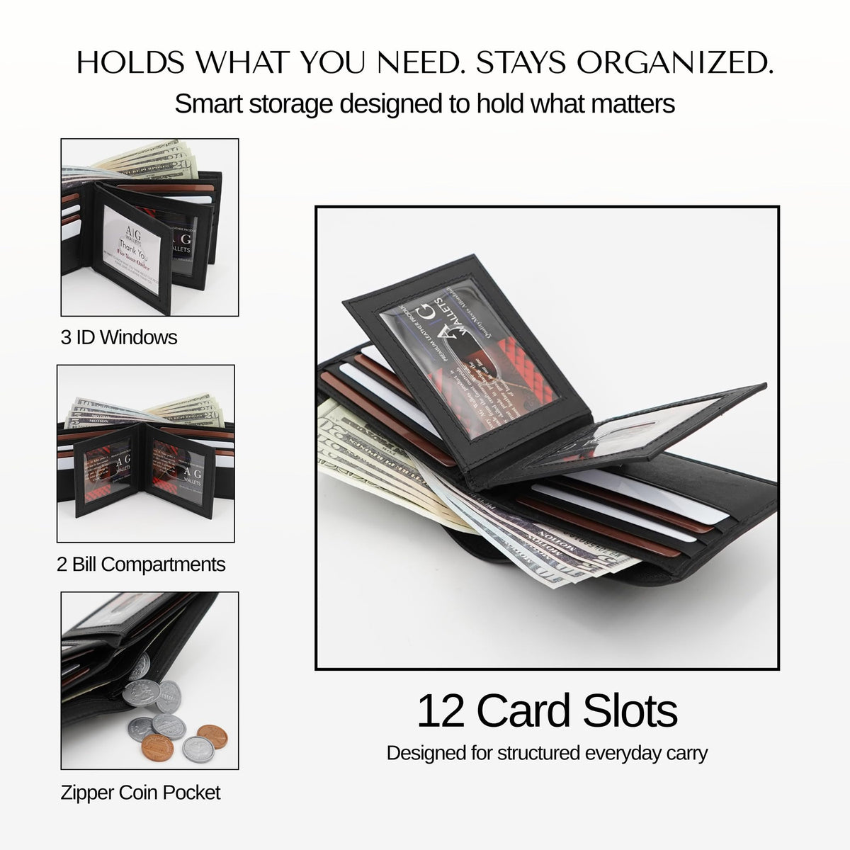 AG Wallets Men’s Bifold Leather Wallet with Double Center Flap, 3 ID Windows, RFID Blocking, Zipper Coin Pocket - Slim Men’s Wallet, Black