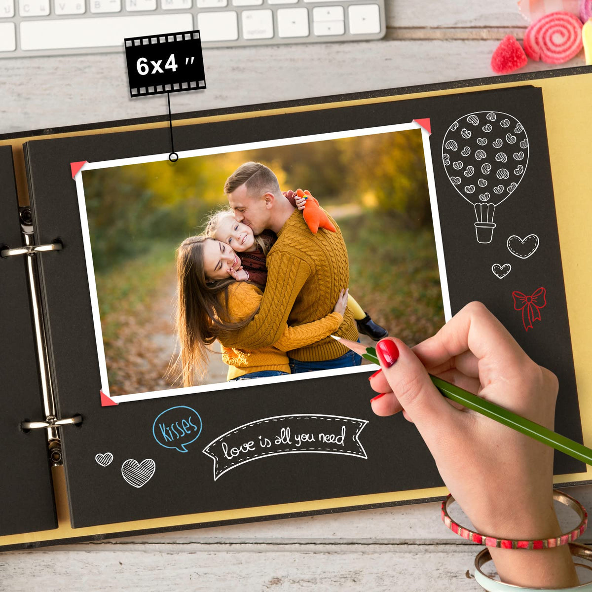 Scrapbook Firbon Handmade DIY Family Photo Albums Couples Memory Book Black Page Scrap Book for Anniversary, Christmas, Valentine's Day, Birthday (Black)