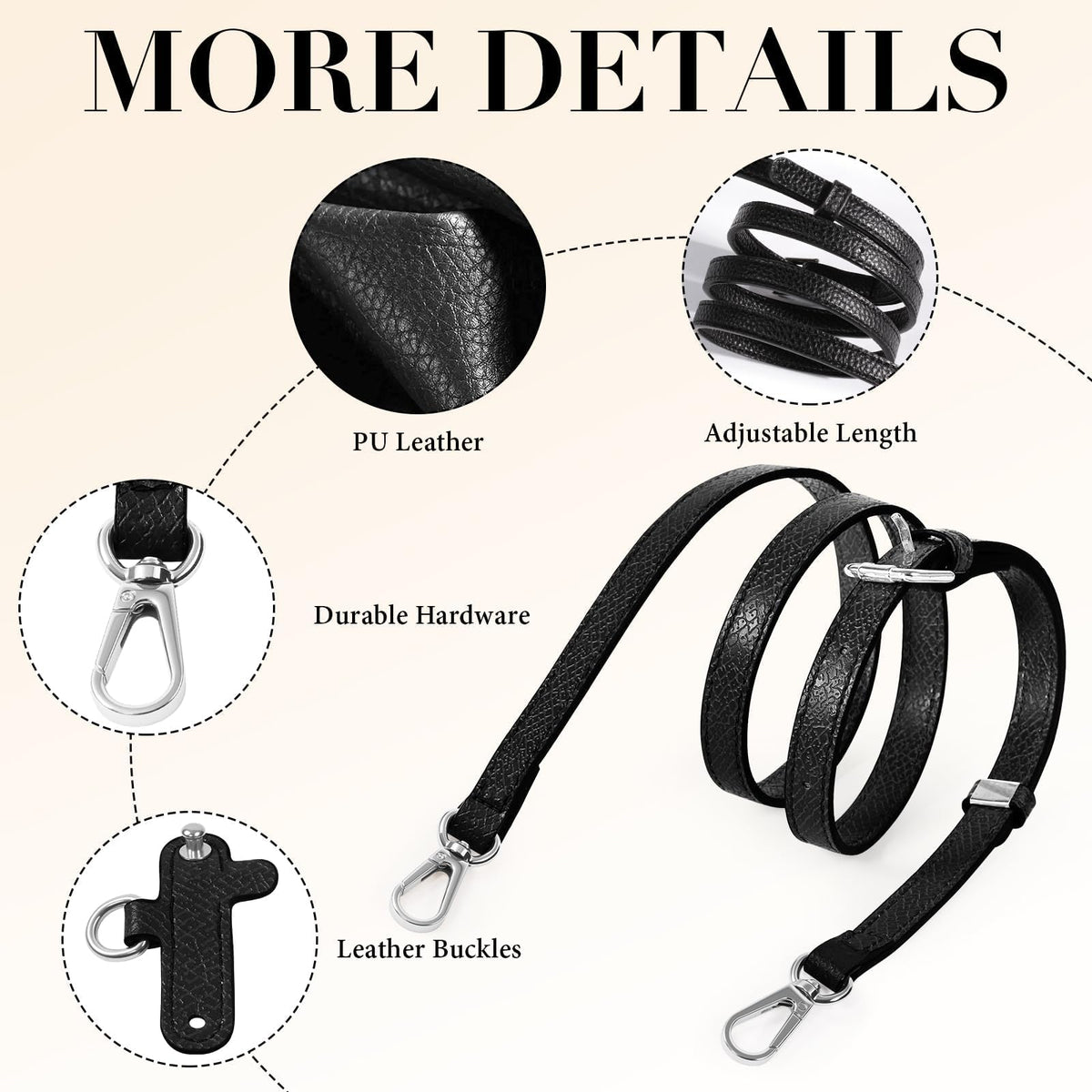 Gripooaven Mini Bag Strap Kit for Longchamp Black, Adjustable Leather Crossbody Shoulder Strap for Small Pouches, Purses and Handbags (Black Silver)