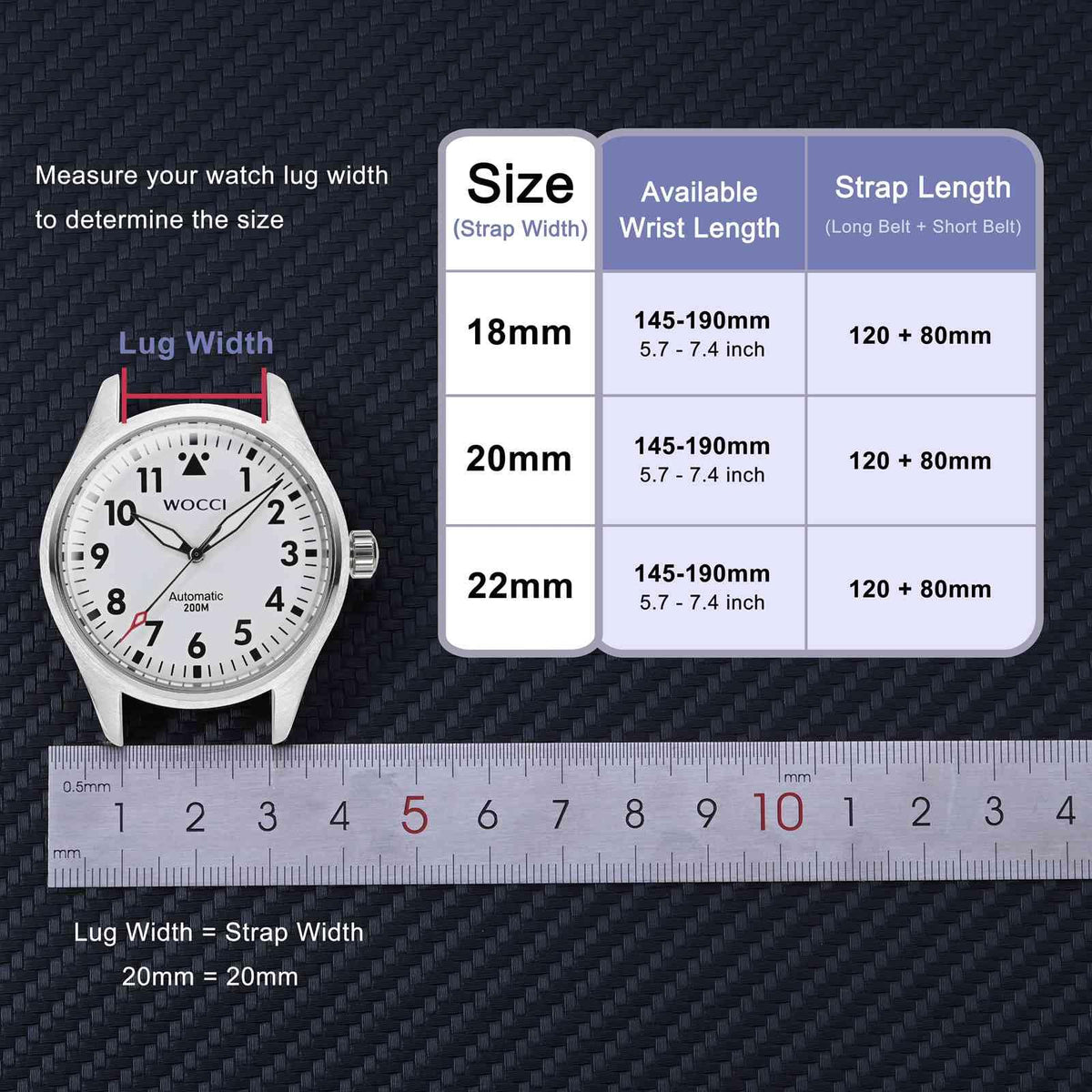 WOCCI 20mm Watch Band, Italian Leather, Denim Pattern, Silver Buckle (Denim Blue)