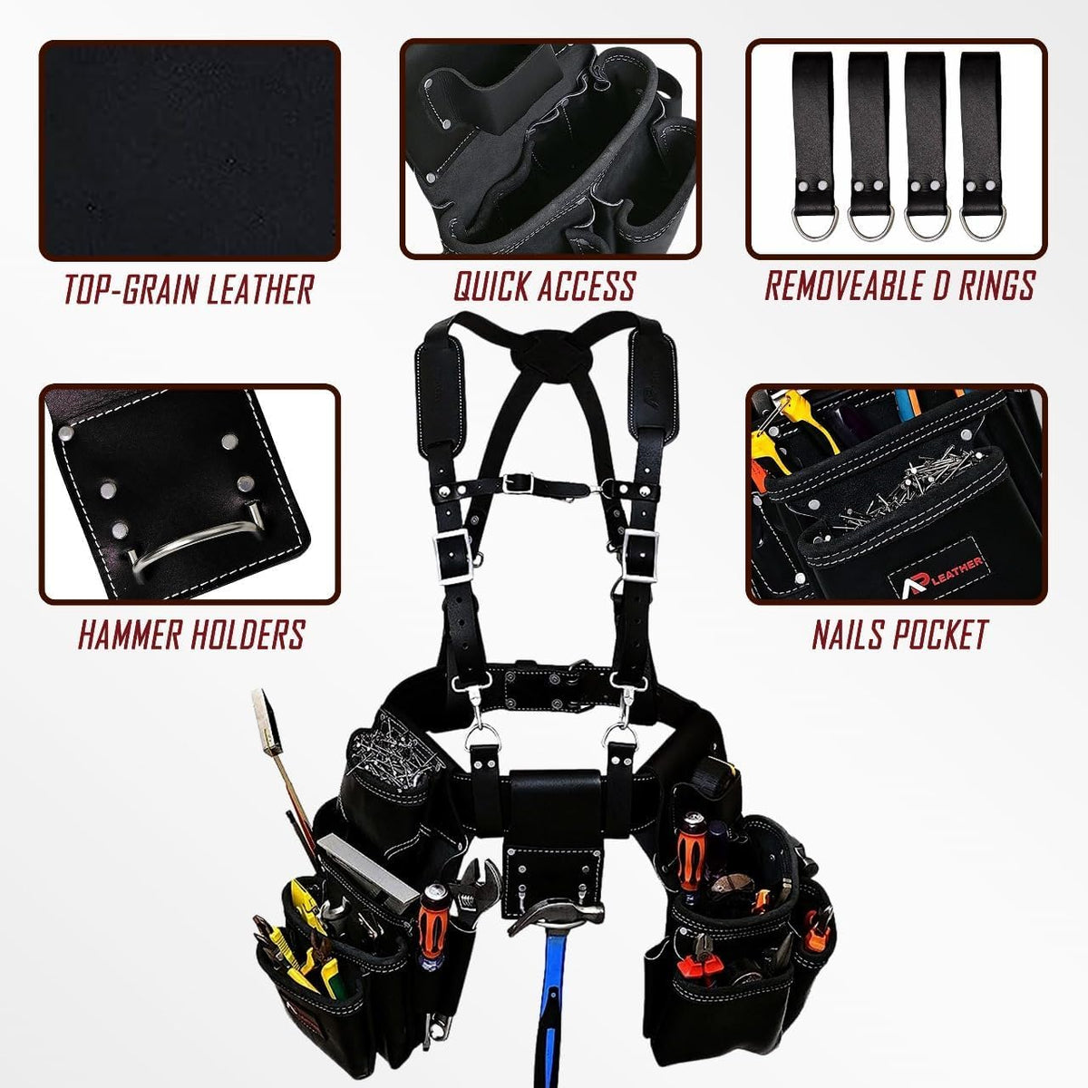 AP-LEATHER PRO-19 4MM Genuine Full Grain Leather Tool Belt for Men, tool belt with suspenders, Comfort Back Padded Support with Brass Hardware Tool Pouches With Suspenders