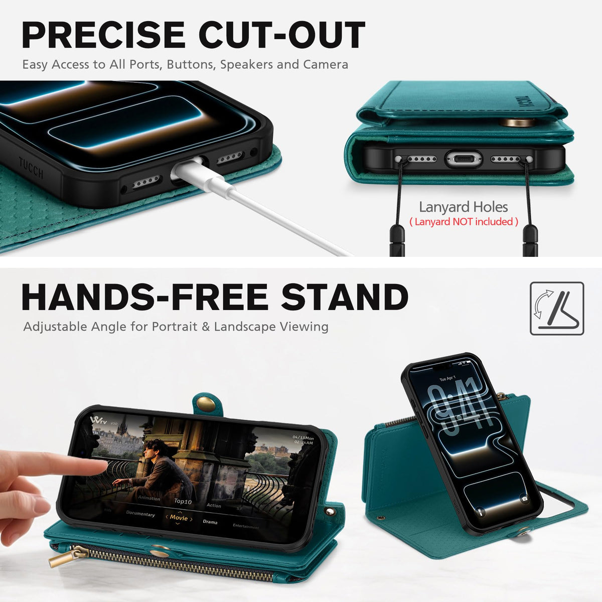 TUCCH Detachable Crossbody Wallet Case for iPhone 17 Pro Max (6.9"), 10 Card Slots RFID Blocking | Lanyard Wrist Strap | Wireless Charging | Zipper Pocket | PU Leather Stand Flip Cover | Bluish Green