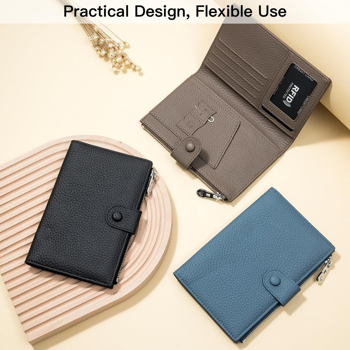 Genuine Leather RFID Blocking Passport Holder Wallet, Multi-Functional Travel Document Organizer with Zipper Pocket, Includes SIM Card Ejector Pin (Black)