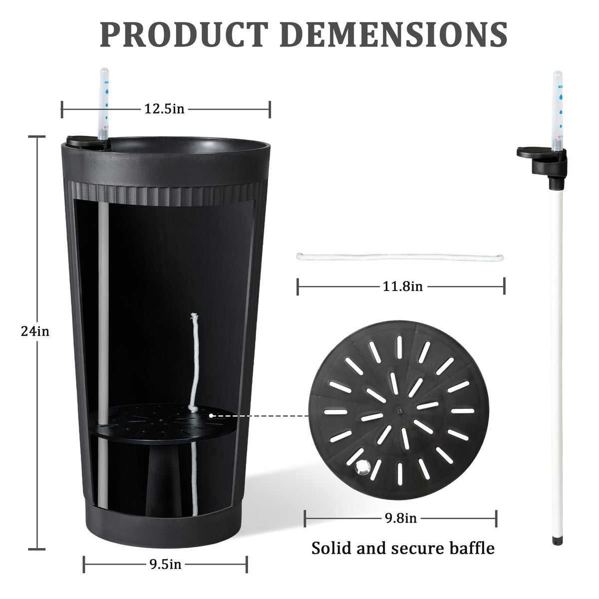 PolarcoForgeco Self Watering Tall Black Planters Outdoor Set of 2, 24” Flower Pots Planters for Outdoor Plants, Modern Plastic Tall Planter for Front Porch, with Drainage Hole (Ribbed)