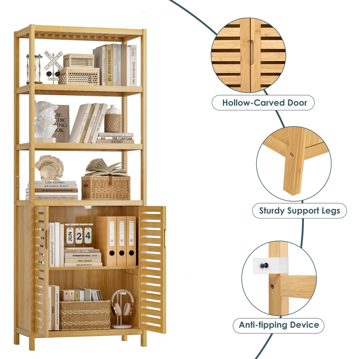 HIFIT 2 Set Tall Shelf Unit Bamboo Storage Cabinet with Doors, 5-Tier Bookshelves and Bookcases with Storage and Display, 67" Tall Cabinet w/Plant Stand for Bathroom,Living Room,Kitchen Dining,Balcony