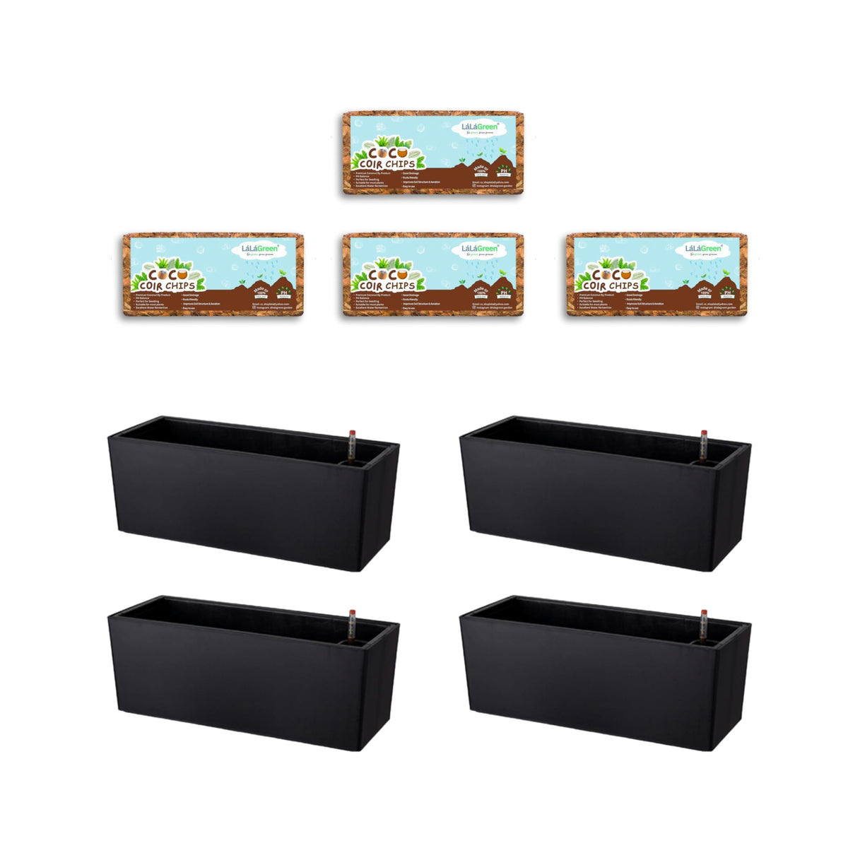 LaLaGreen Bundle- 4 Pack, 500g Coco Coir Chips + 4 Pack, 20 Inch Self Watering Plastic Pot with Bracket Hanging Balcony Plant Box Outdoor Planting Soil Compressed Fiber Husk Vegetable Seedling Garden