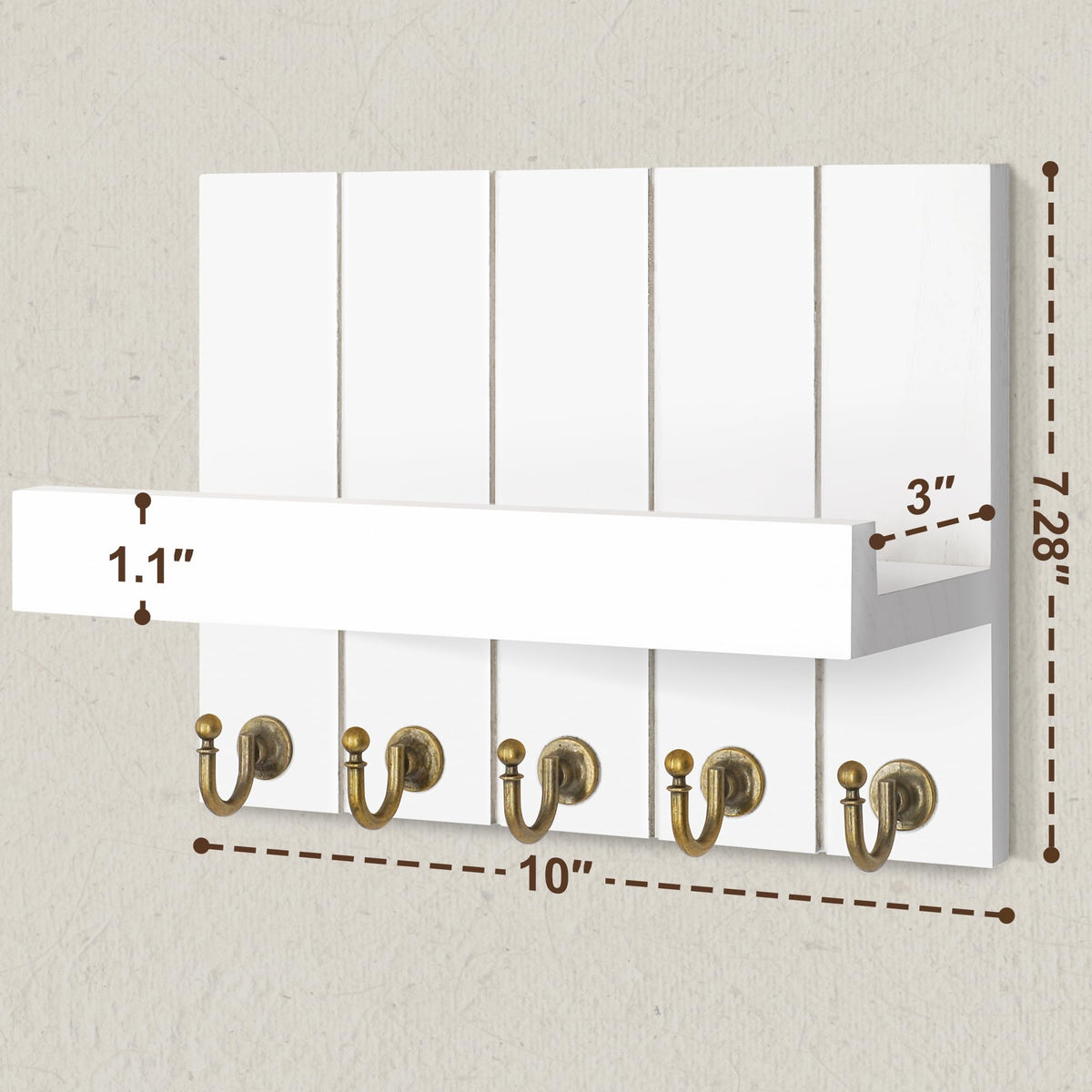 Rebee Vision Key Holder for Wall - Decorative Mail Organizer Wall Mount with 5 Key Hooks for Modern Farmhouse Apartment Essentials - Home Decor for Living Room (Rustic White, 3.54"D x 10"W x 7.28"H)