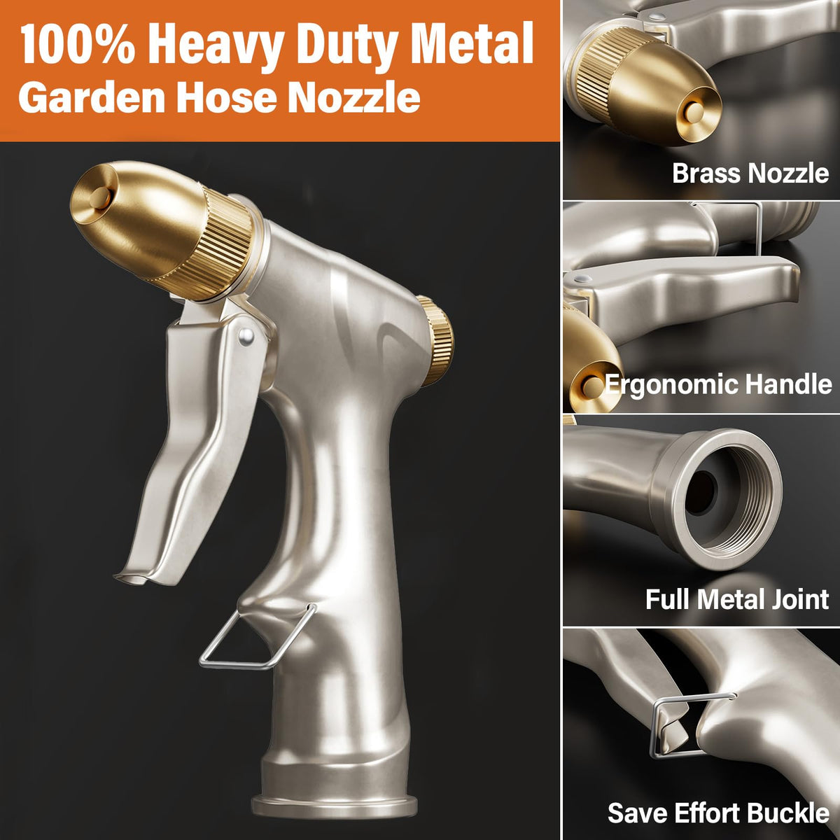 Garden Hose Nozzle with Full Brass Nozzle, 100% Metal Hose Sprayer with 4 Adjustable Patterns, Heavy Duty Water Nozzle for Garden, Lawns, Cars, Showering Pet & Windows