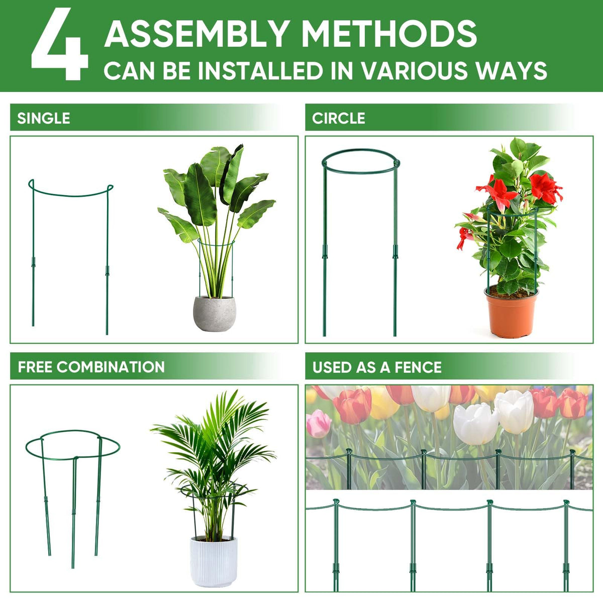 8 Pack 32 or 16 inch Adjustable Plant Support Stakes, Heavy-Duty Half Round Peony Support, Garden Plant Stakes Cage for Outdoor Plants, Peony, Tomato, Hydrangea, (16In Support +16In Extension Tubes)