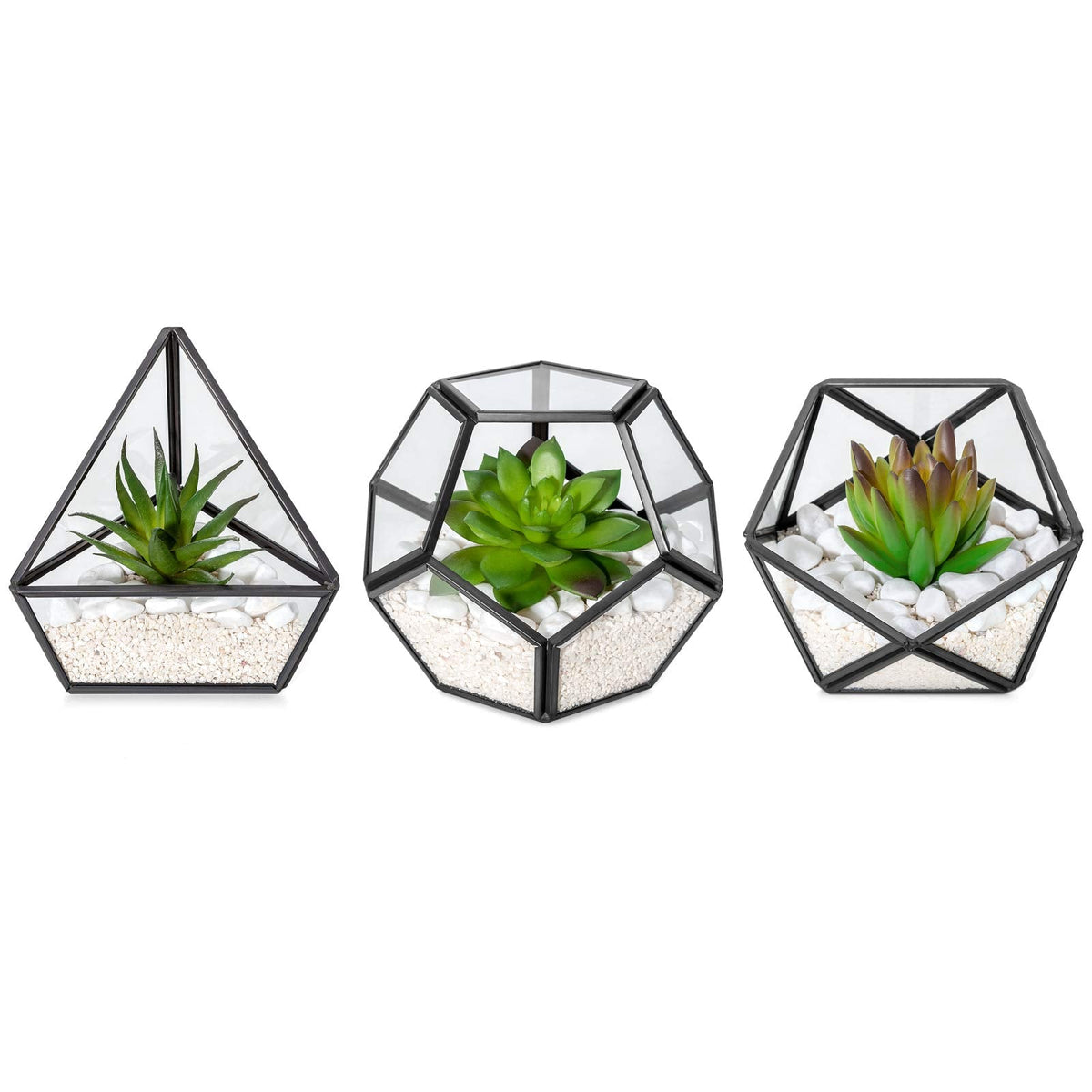 Mkono Artificial Succulent in 3 Pack Mini Glass Geometric Terrarium, Miniature Potted Faux Plant Bookshelf Desk Boho Office Room Decor for Women Girls Dorm Gift Idea, Black