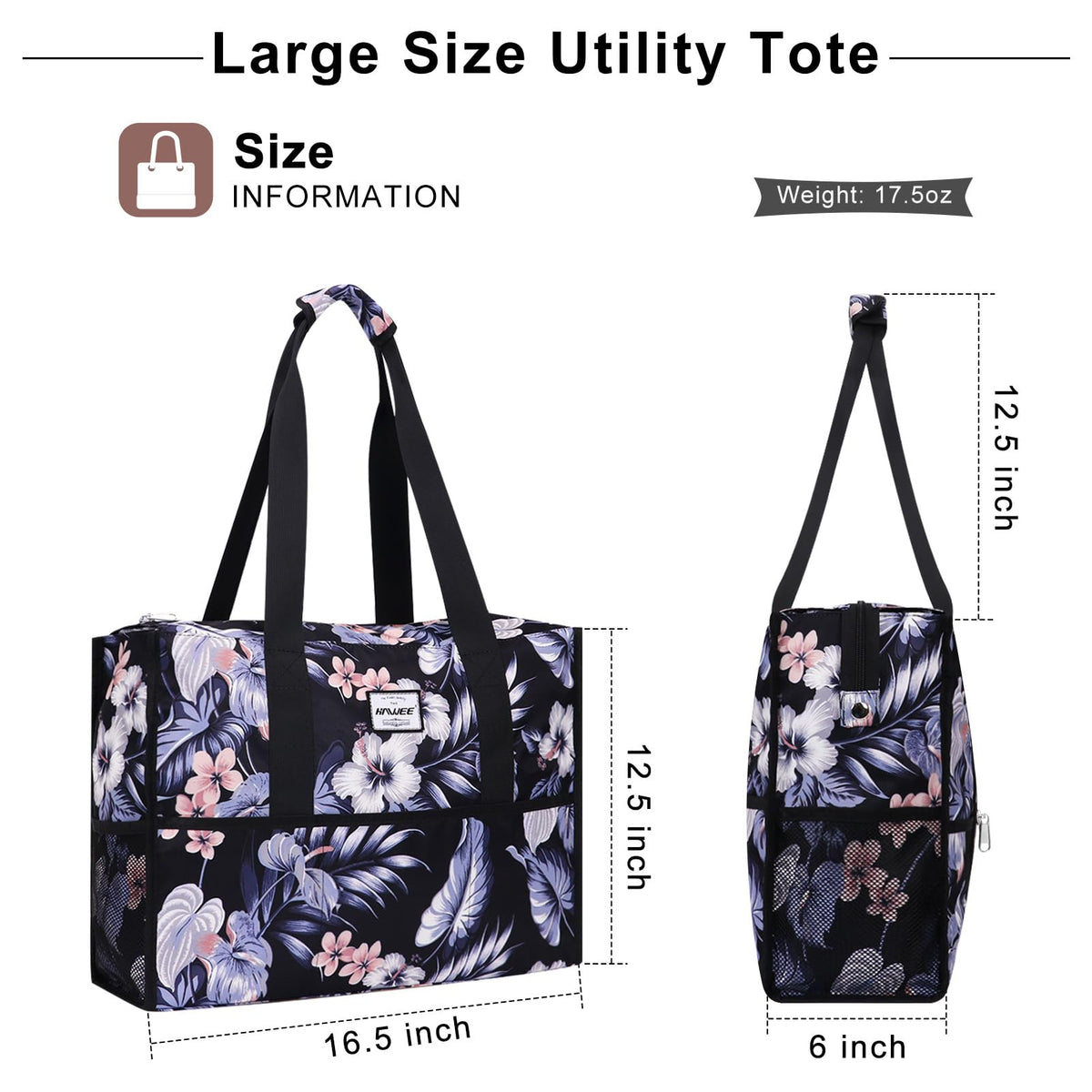 HAWEE Utility Zippered Tote Bag with Laptop Compartment and Luggage Sleeve for Nursing Work Travel 15 Pockets Water Repellent Commuter Bag, Hibiscus