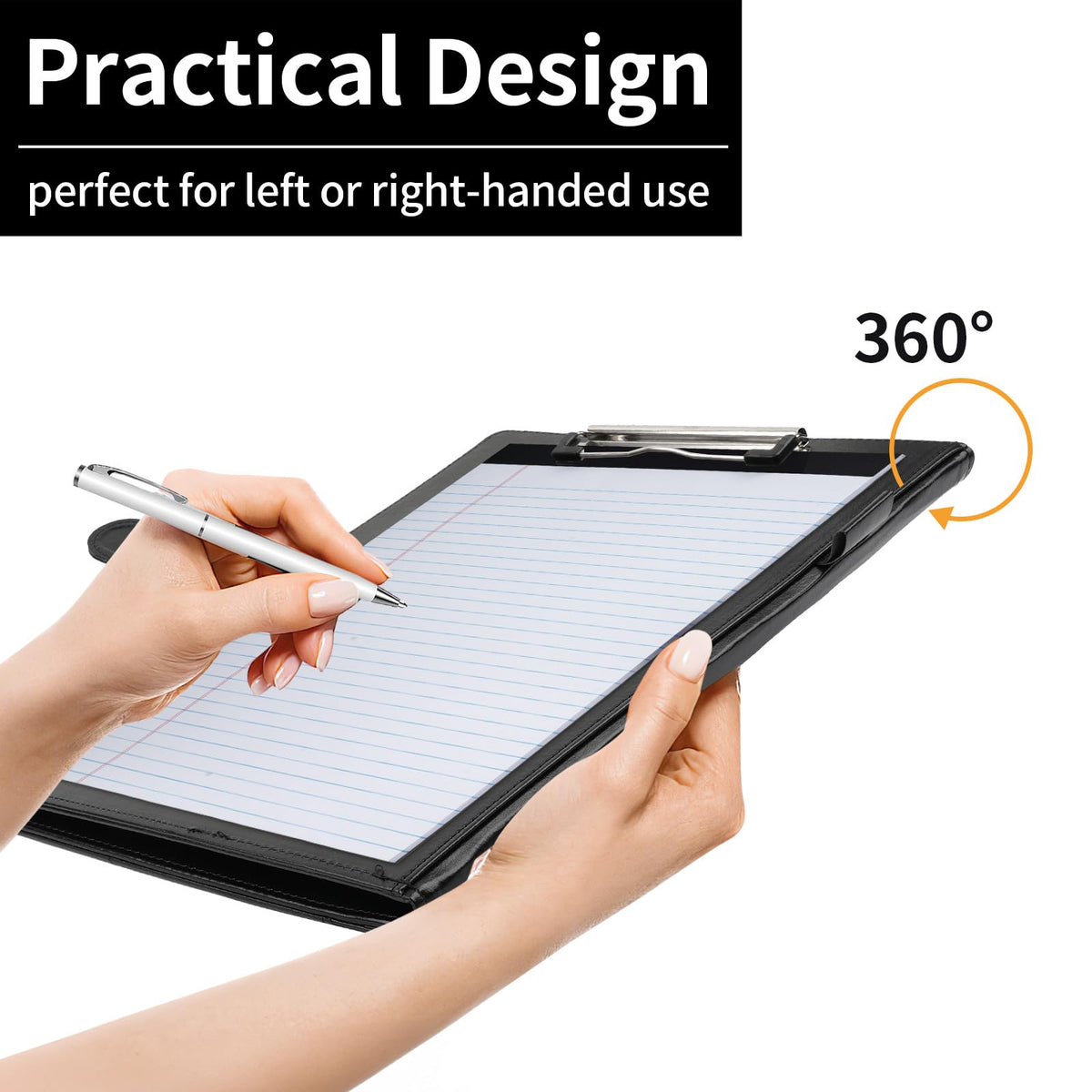 Professional Padfolio with Clipboard, Faux Leather Portfolio Folder Binder, Legal Pad Holder for A4 Letter Size Notepad, Resume, Writing Pad, Ideal Organizer for Business Office Conference, Black
