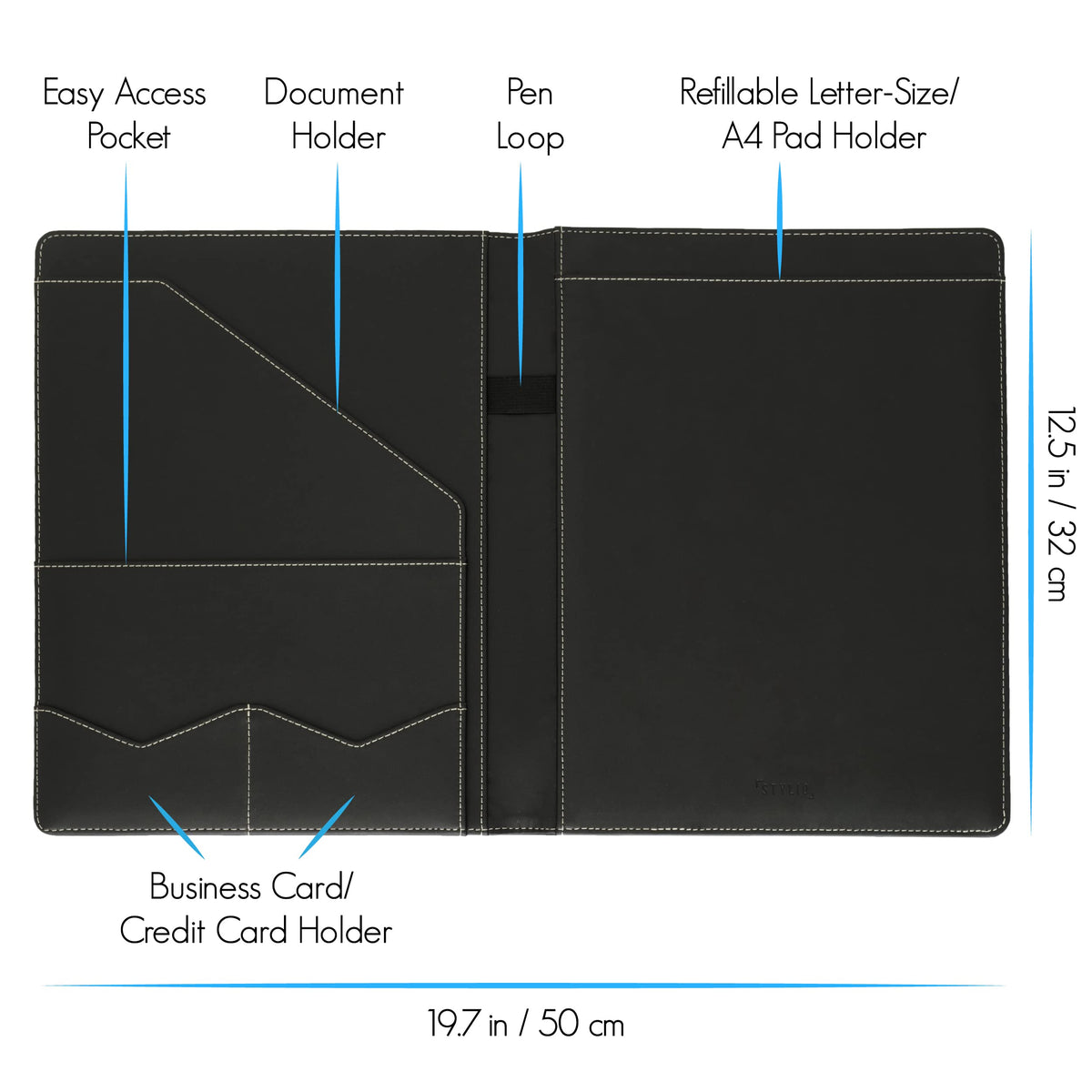 STYLIO Padfolio Portfolio Organizer Binder | Interview Resume Folder, Legal Document, Business Card Holder |w/Letter-Sized Notepad | Handsome Piano Noir Faux Leather Folio Matte Finish, Accent Stitch