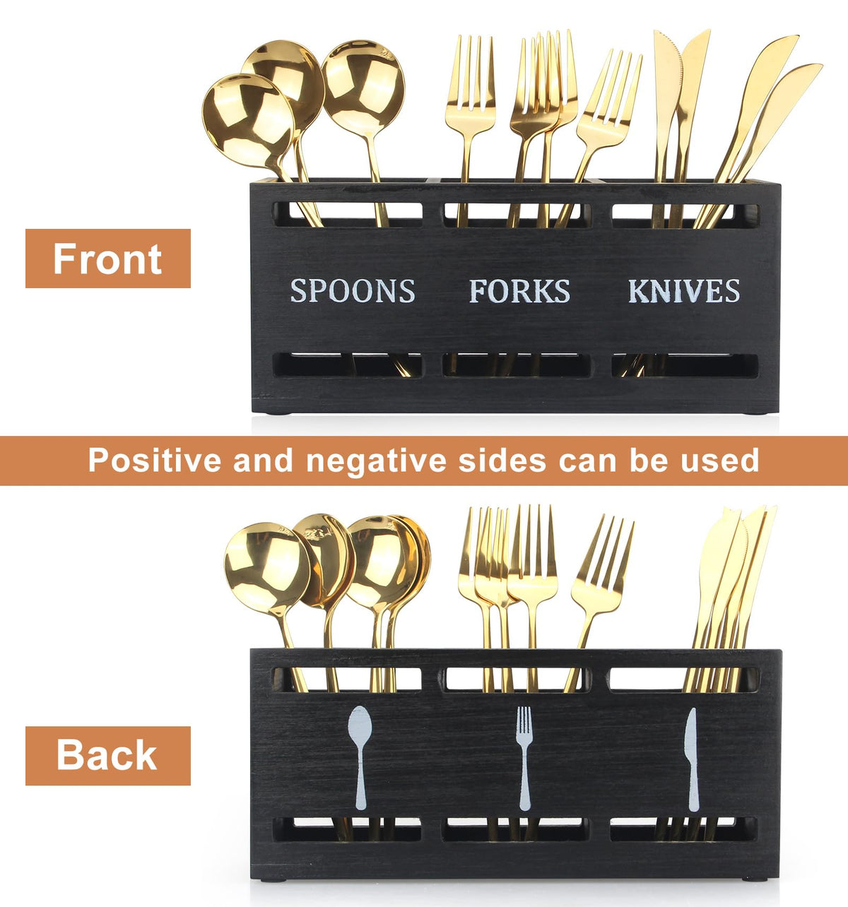 Ayiaren Wooden Silverware Caddy Flatware Cutlery Holder Wood Silverware Organizer Containers Small Black Kitchen Utensil Holder for Countertop Spoon and Fork Holder Flatware Utensils Caddy for Party